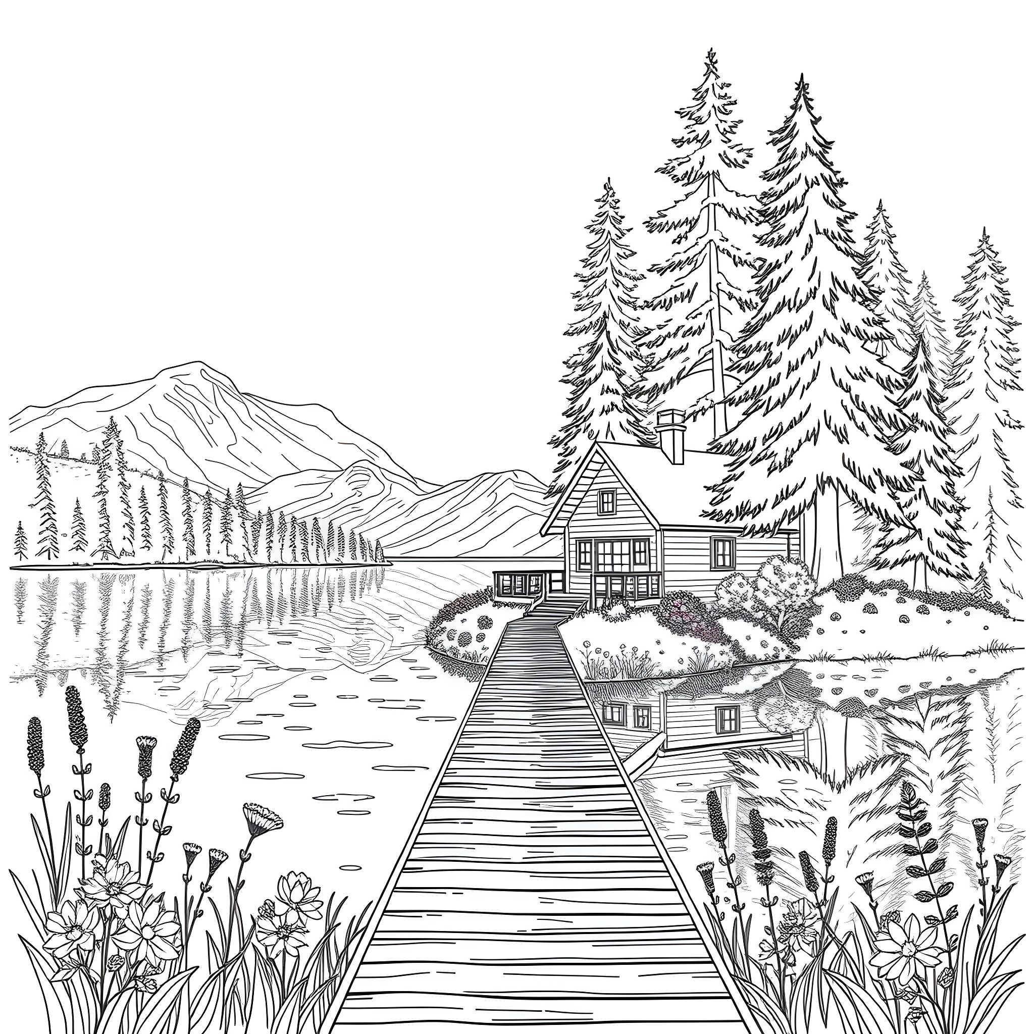 Cottage by the serene lake in the forest Coloring Page (free black-and-white line drawing printable PDF for all, from beginners to advanced learners, including children, teens, adults, and seniors)