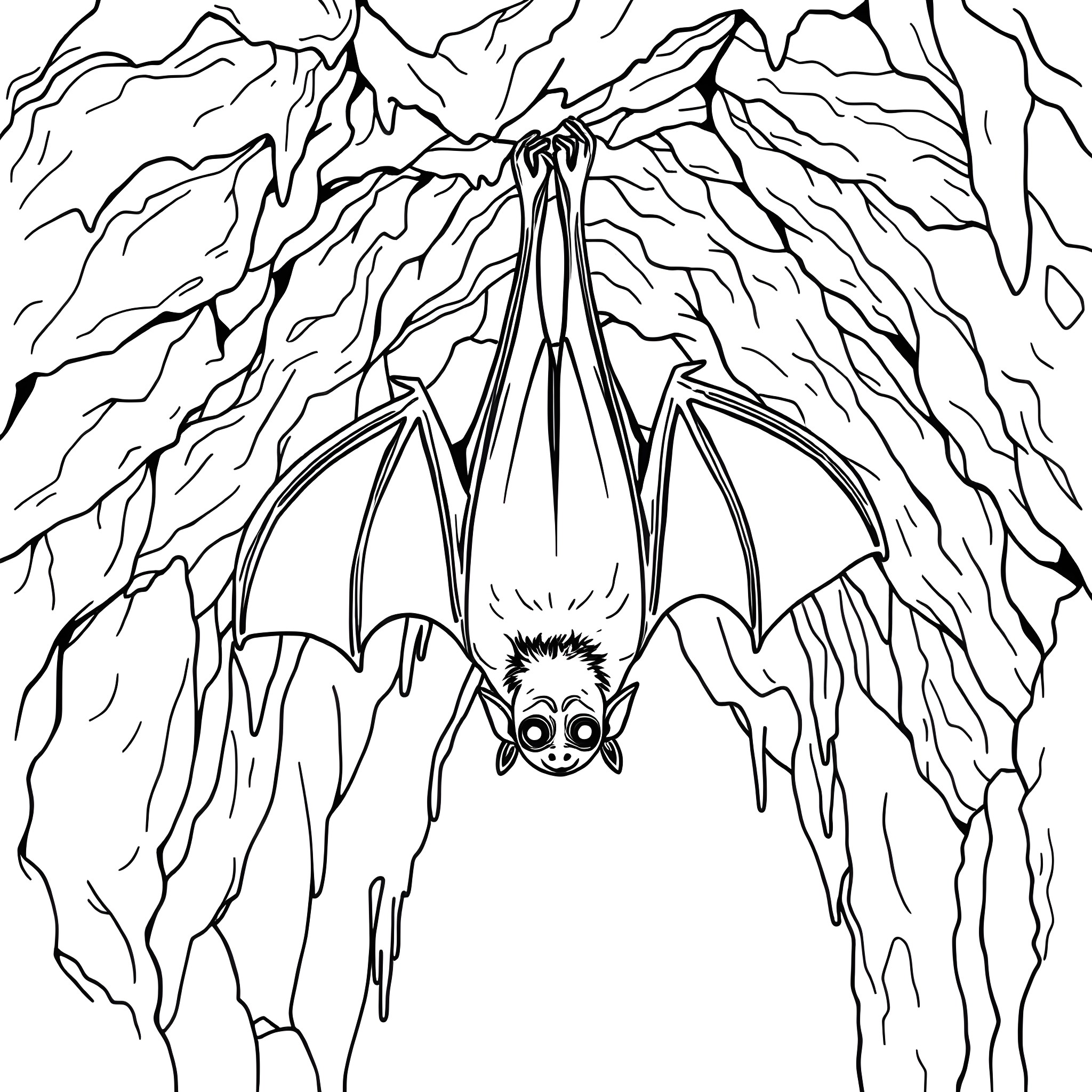 Bat emerging from spooky cave Coloring Page (free black-and-white line drawing printable PDF for all, from beginners to advanced learners, including children, teens, adults, and seniors)