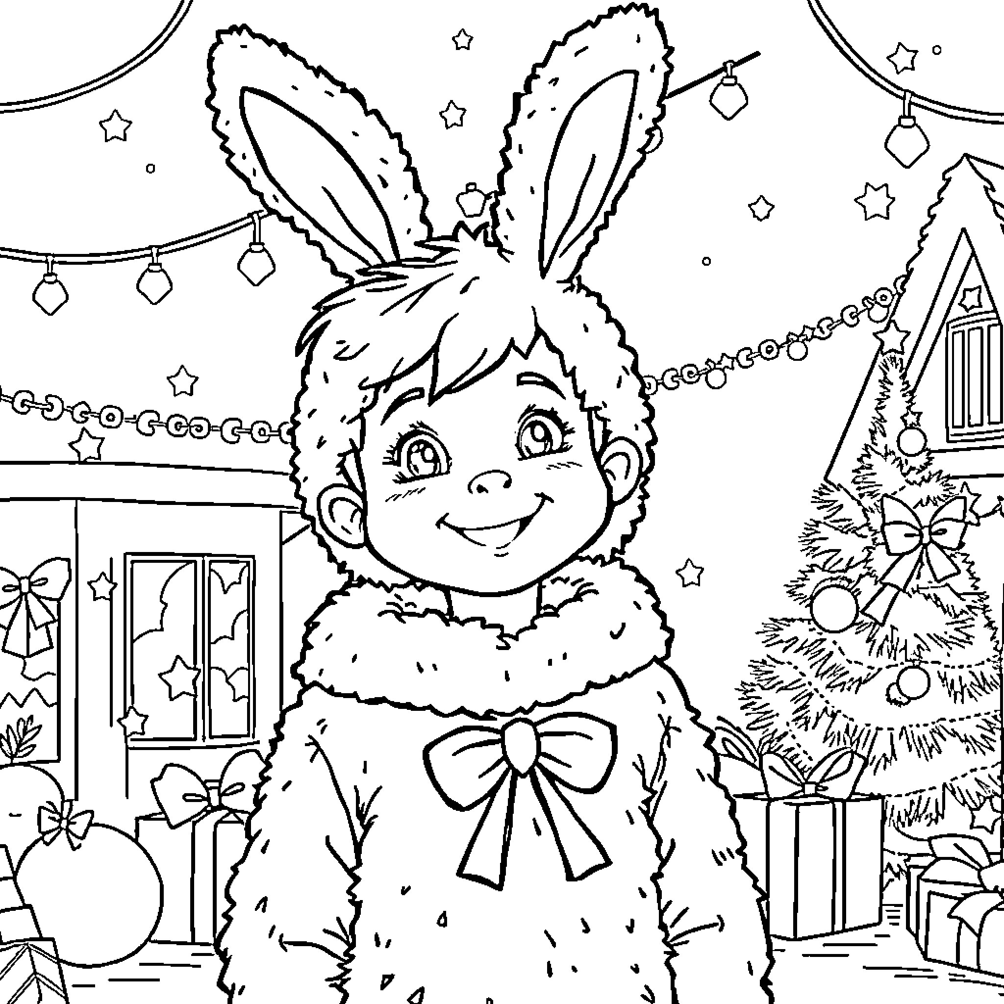Boy wearing bunny costume in festive winter scene Coloring Page (free black-and-white line drawing printable PDF for all, from beginners to advanced learners, including children, teens, adults, and seniors)