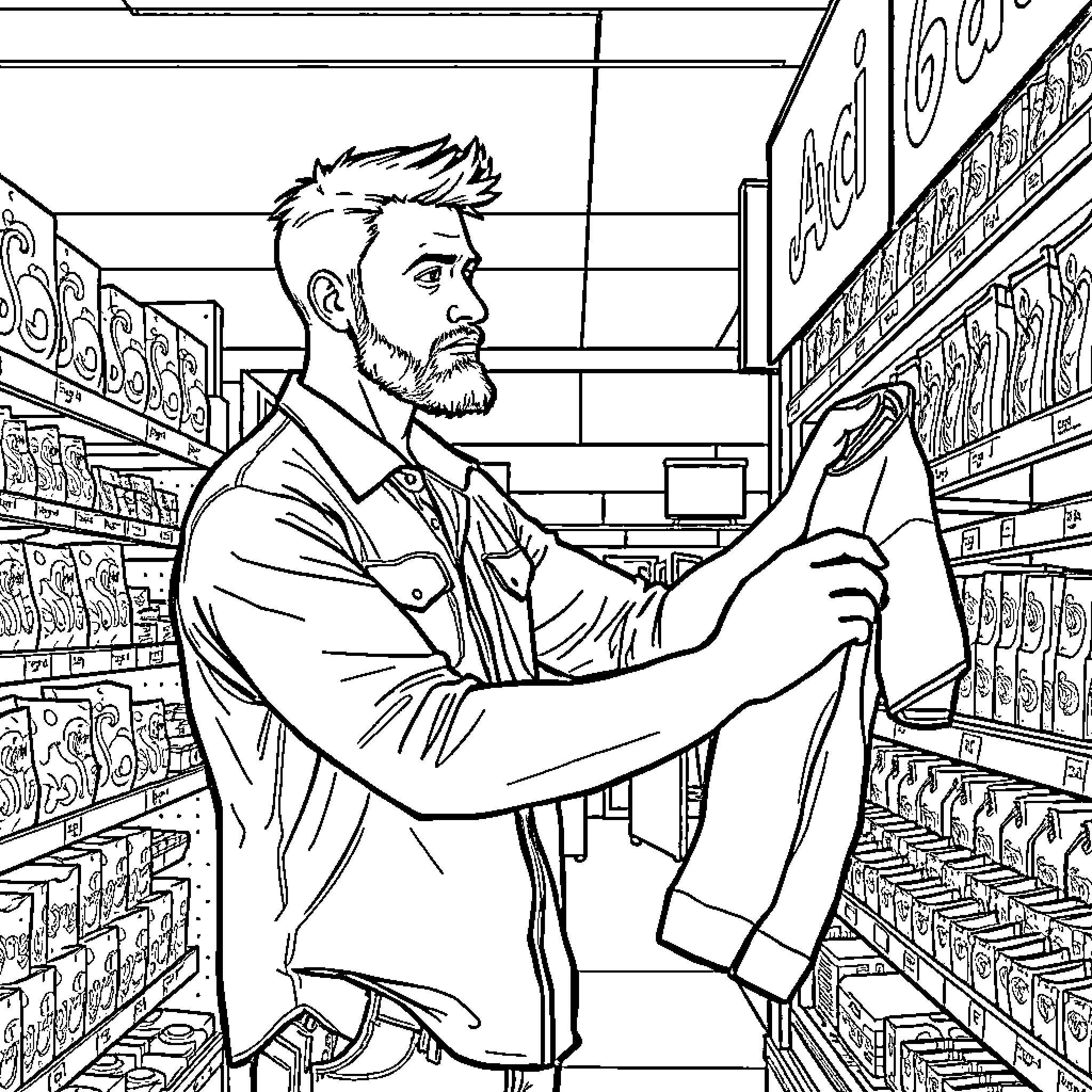 Man browsing merchandise in a store Coloring Page (free black-and-white line drawing printable PDF for all, from beginners to advanced learners, including children, teens, adults, and seniors)