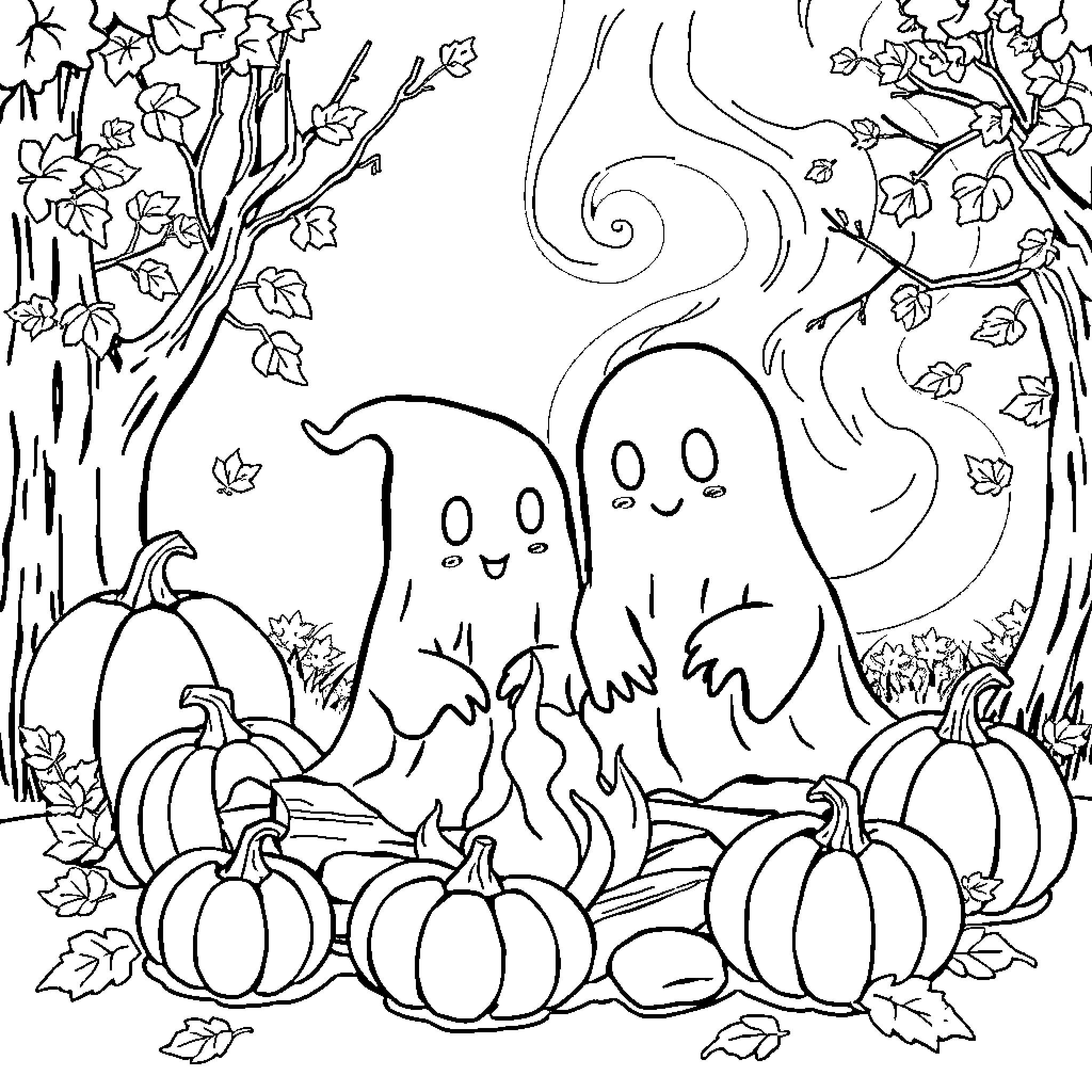 Ghost Companions Among Autumnal Pumpkins and Leaves Coloring Page (free black-and-white line drawing printable PDF for all, from beginners to advanced learners, including children, teens, adults, and seniors)