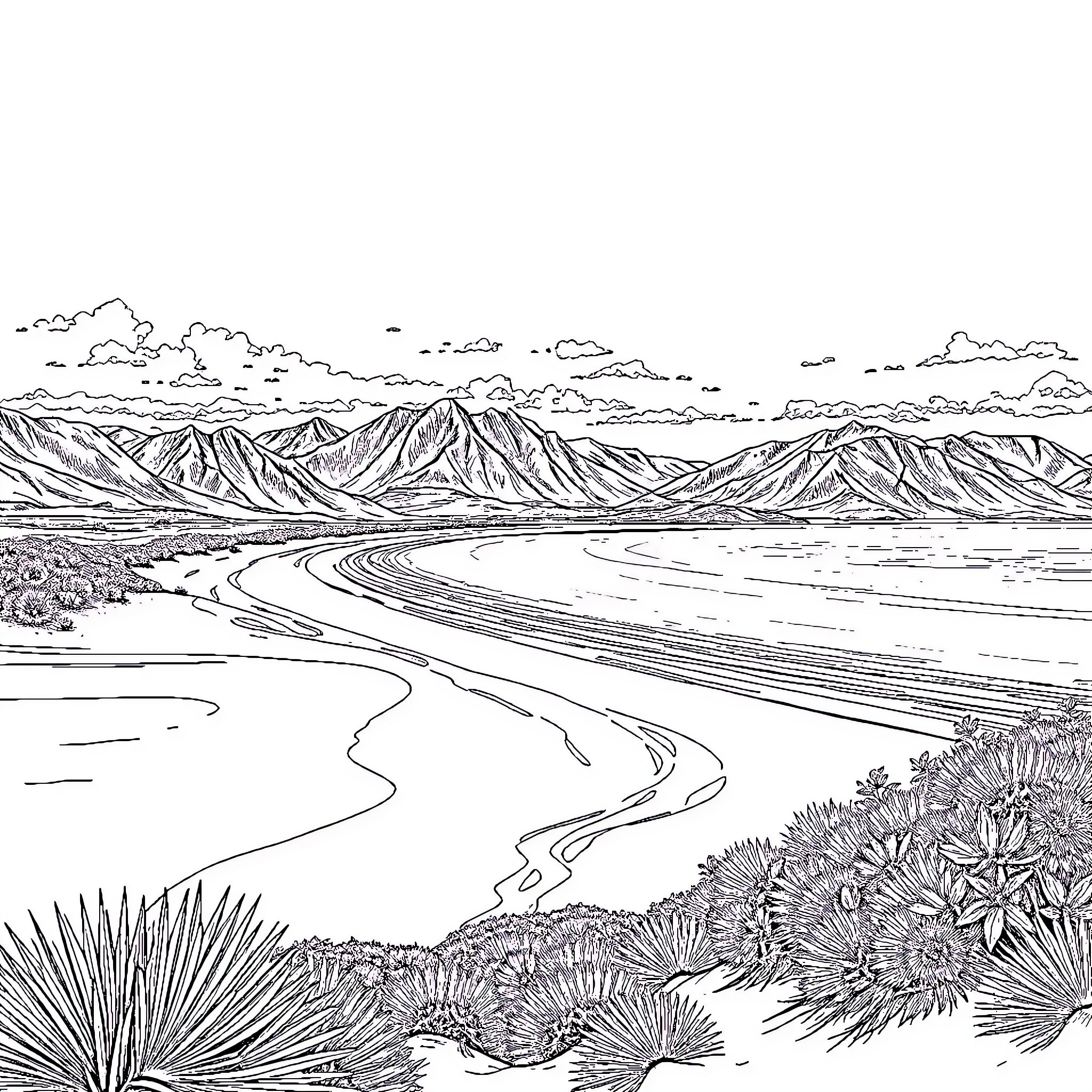 New Caledonia's Scenic Coastline and Mountainous Landscape Coloring Page (free black-and-white line drawing printable PDF for all, from beginners to advanced learners, including children, teens, adults, and seniors)