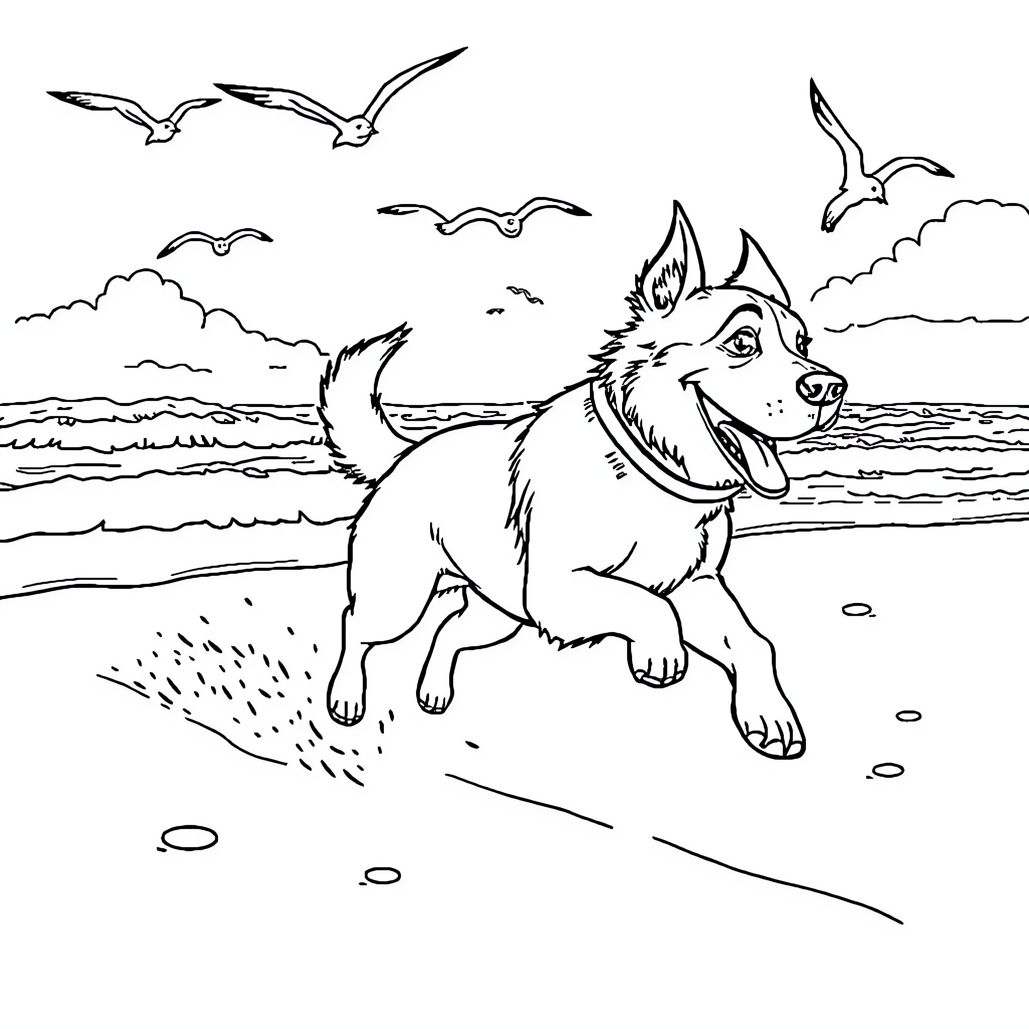 Dog running happily on the beach Coloring Page (free black-and-white line drawing printable PDF for all, from beginners to advanced learners, including children, teens, adults, and seniors)