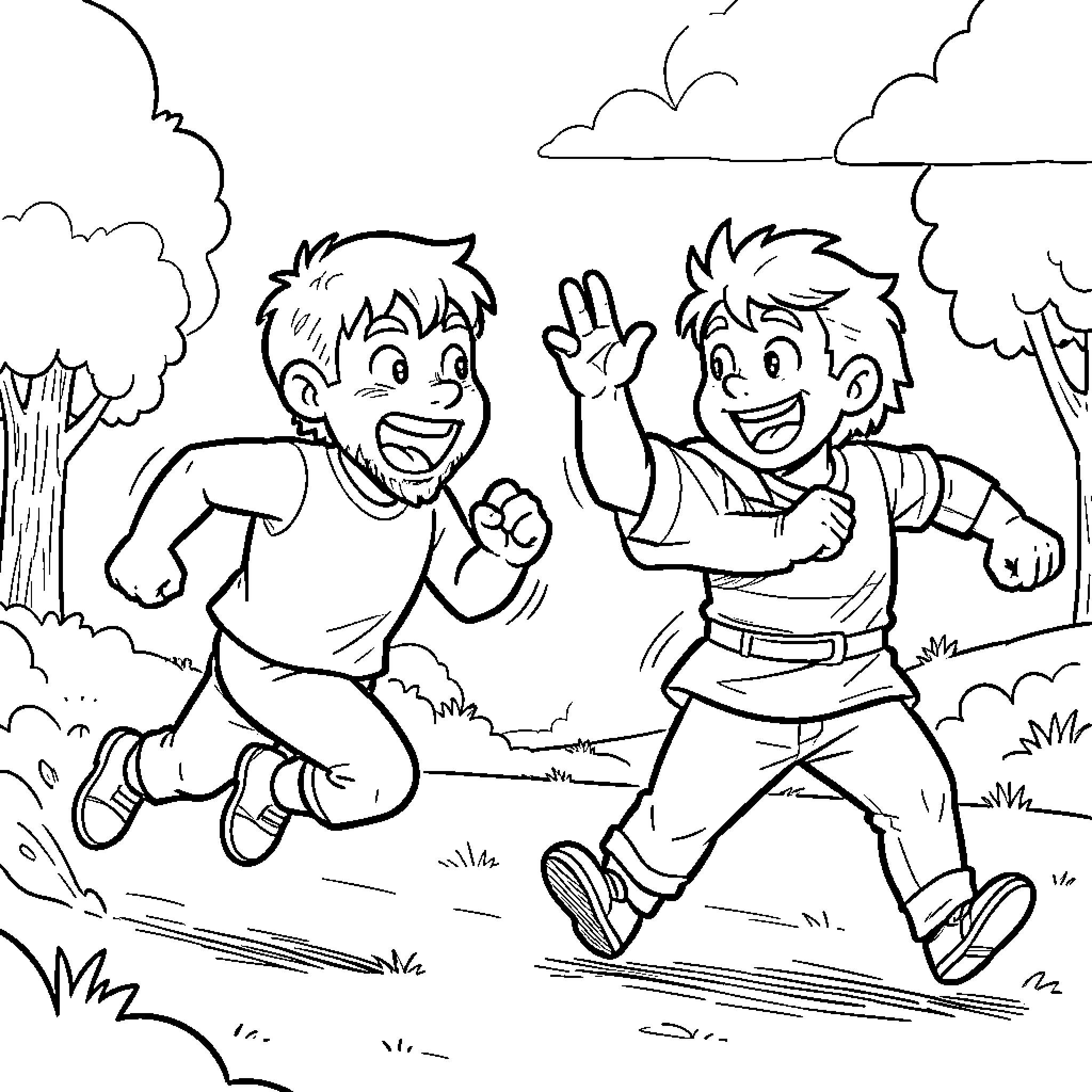 Bunger two boys running and laughing outdoors Coloring Page (free black-and-white line drawing printable PDF for all, from beginners to advanced learners, including children, teens, adults, and seniors)