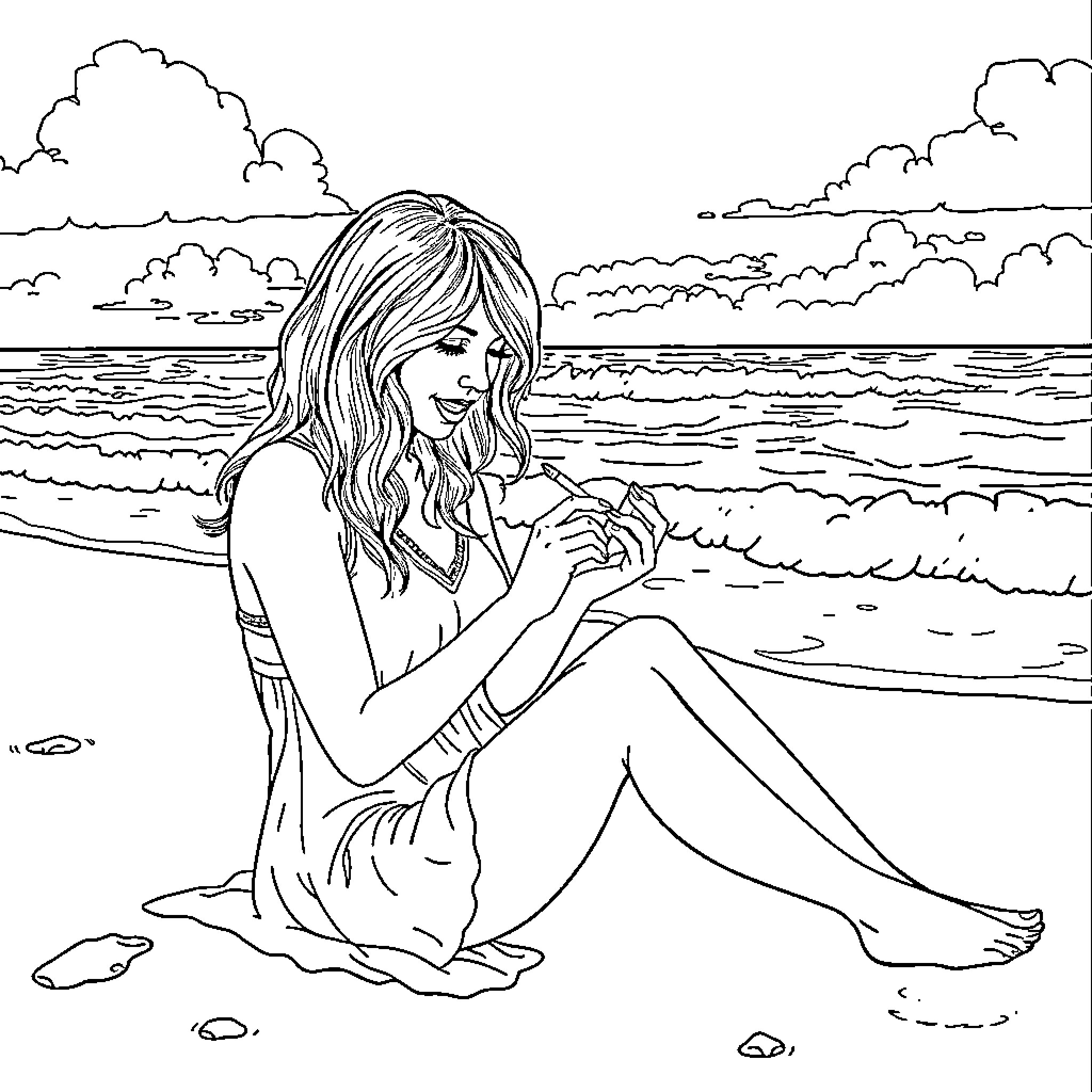 Taylor Swift relaxing on the beach Coloring Page (free black-and-white line drawing printable PDF for all, from beginners to advanced learners, including children, teens, adults, and seniors)
