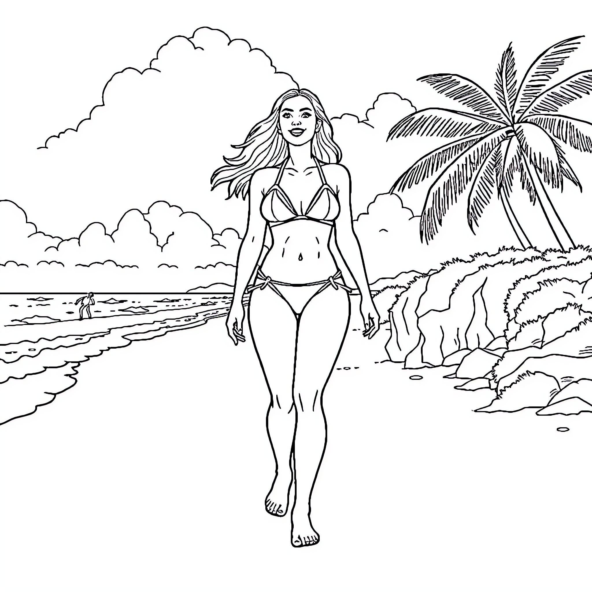 Woman enjoying sunny beach with palm trees Coloring Page (free black-and-white line drawing printable PDF for all, from beginners to advanced learners, including children, teens, adults, and seniors)