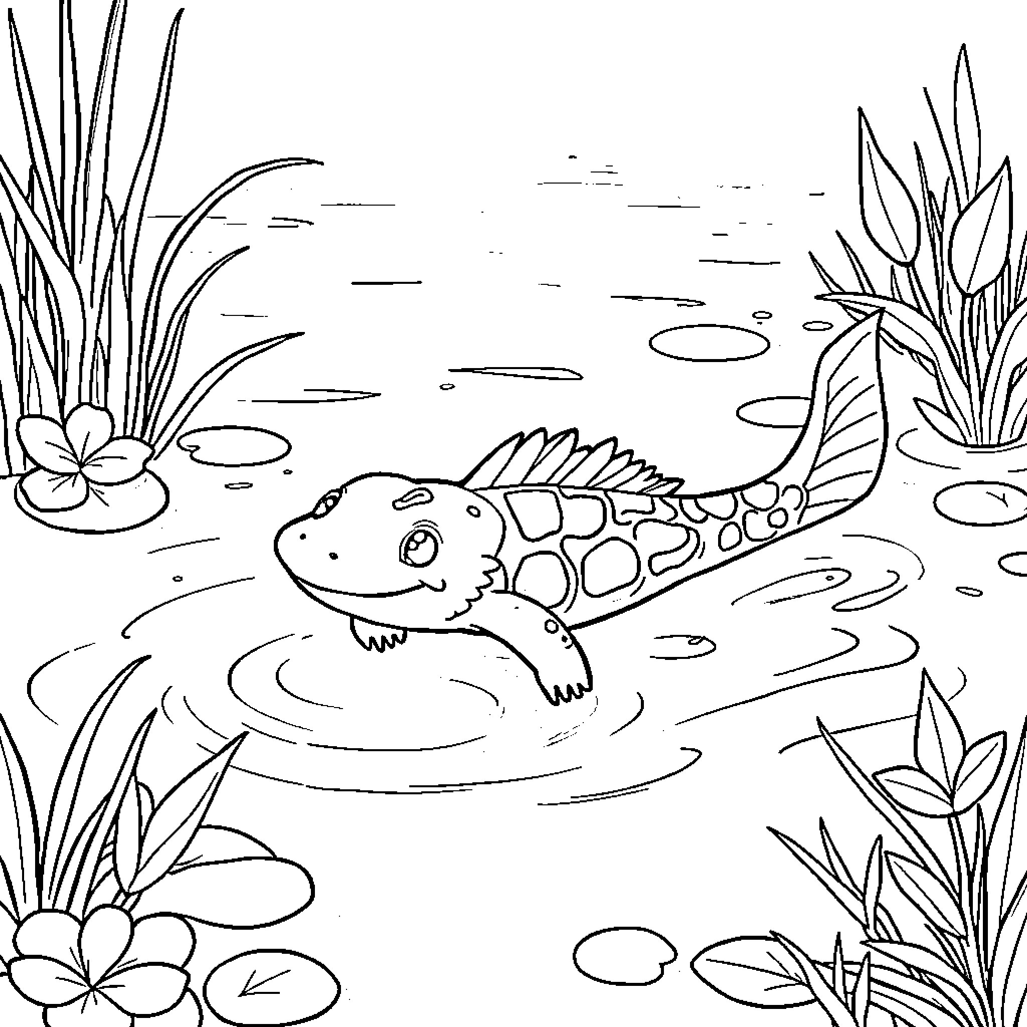 Axolotl swimming in a peaceful pond Coloring Page (free black-and-white line drawing printable PDF for all, from beginners to advanced learners, including children, teens, adults, and seniors)