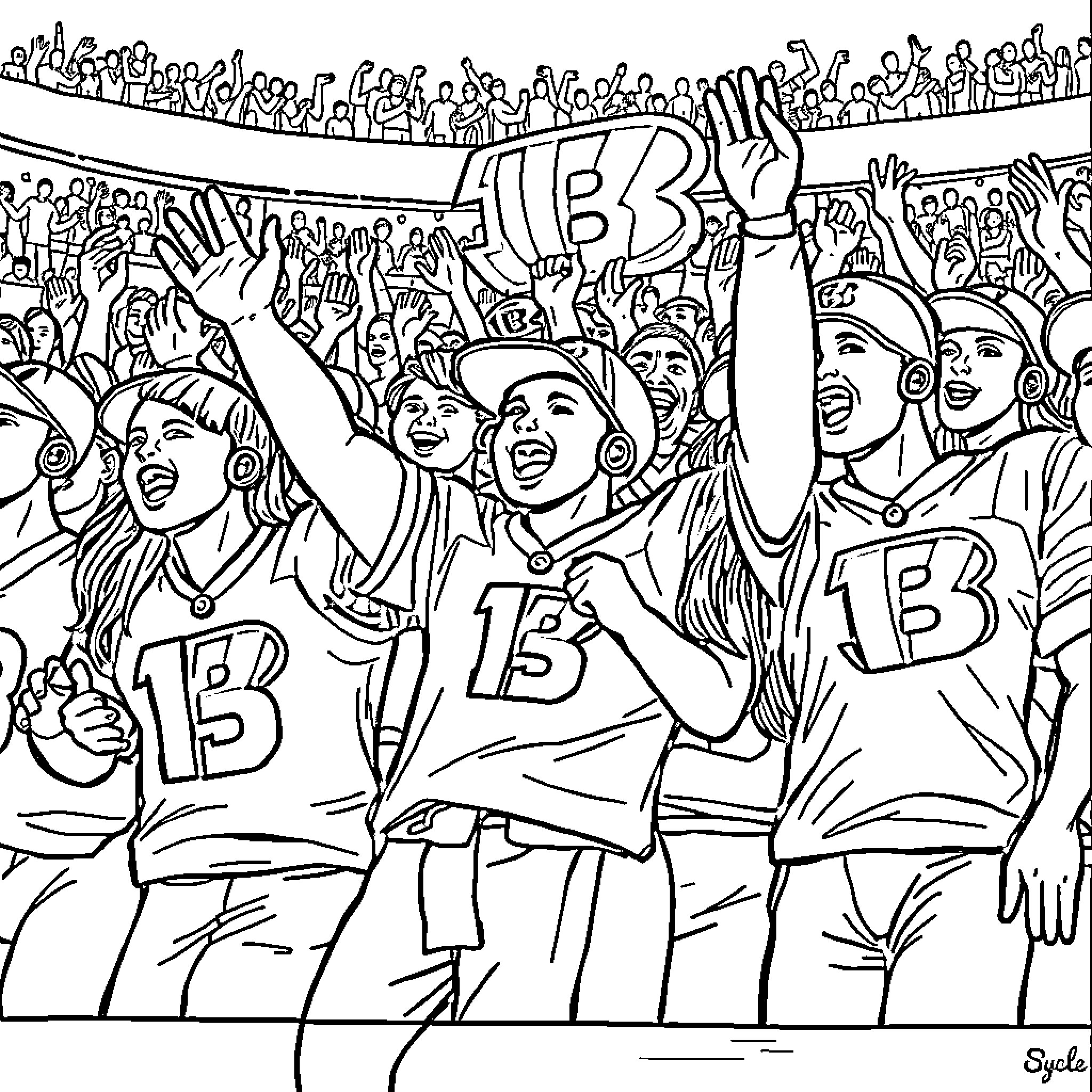 Cincinnati Bengals fans celebrating in the stadium Coloring Page (free black-and-white line drawing printable PDF for all, from beginners to advanced learners, including children, teens, adults, and seniors)