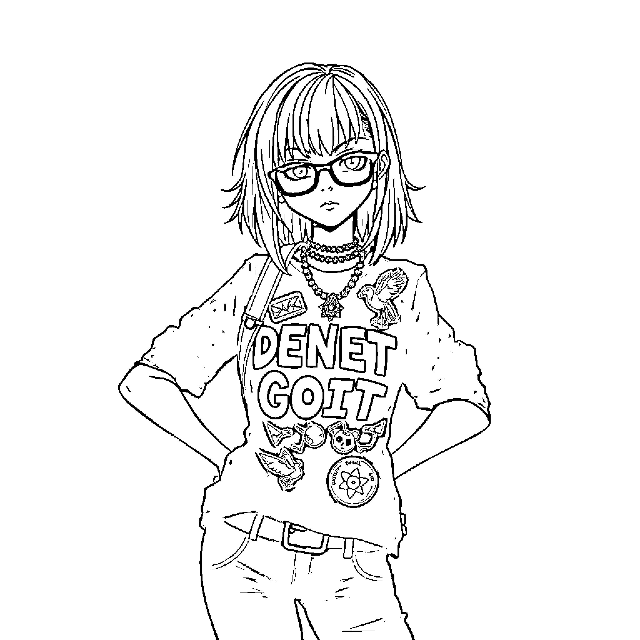 Goth Girl Sporting Edgy Attire and Confident Pose Coloring Page (free black-and-white line drawing printable PDF for all, from beginners to advanced learners, including children, teens, adults, and seniors)