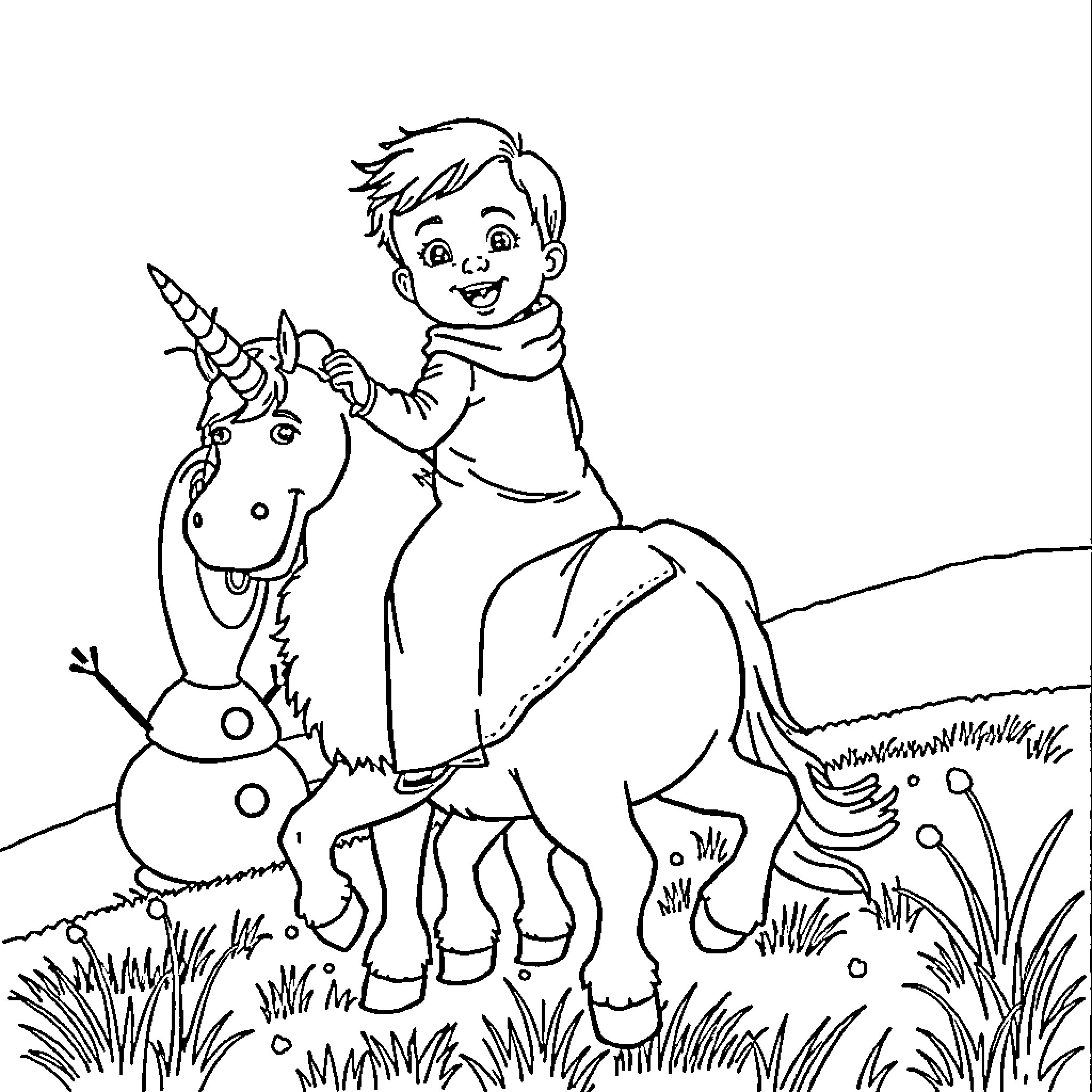 Baby riding a playful unicorn in the meadow Coloring Page (free black-and-white line drawing printable PDF for all, from beginners to advanced learners, including children, teens, adults, and seniors)