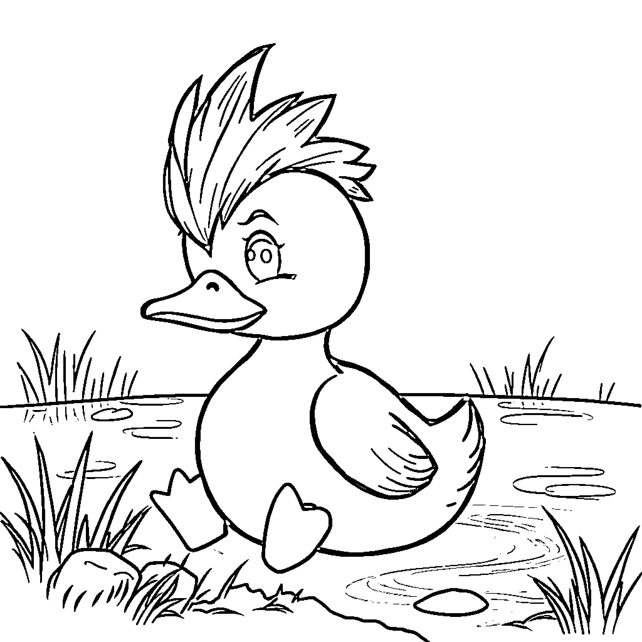 Duck waddling happily in the pond Coloring Page (free black-and-white line drawing printable PDF for all, from beginners to advanced learners, including children, teens, adults, and seniors)