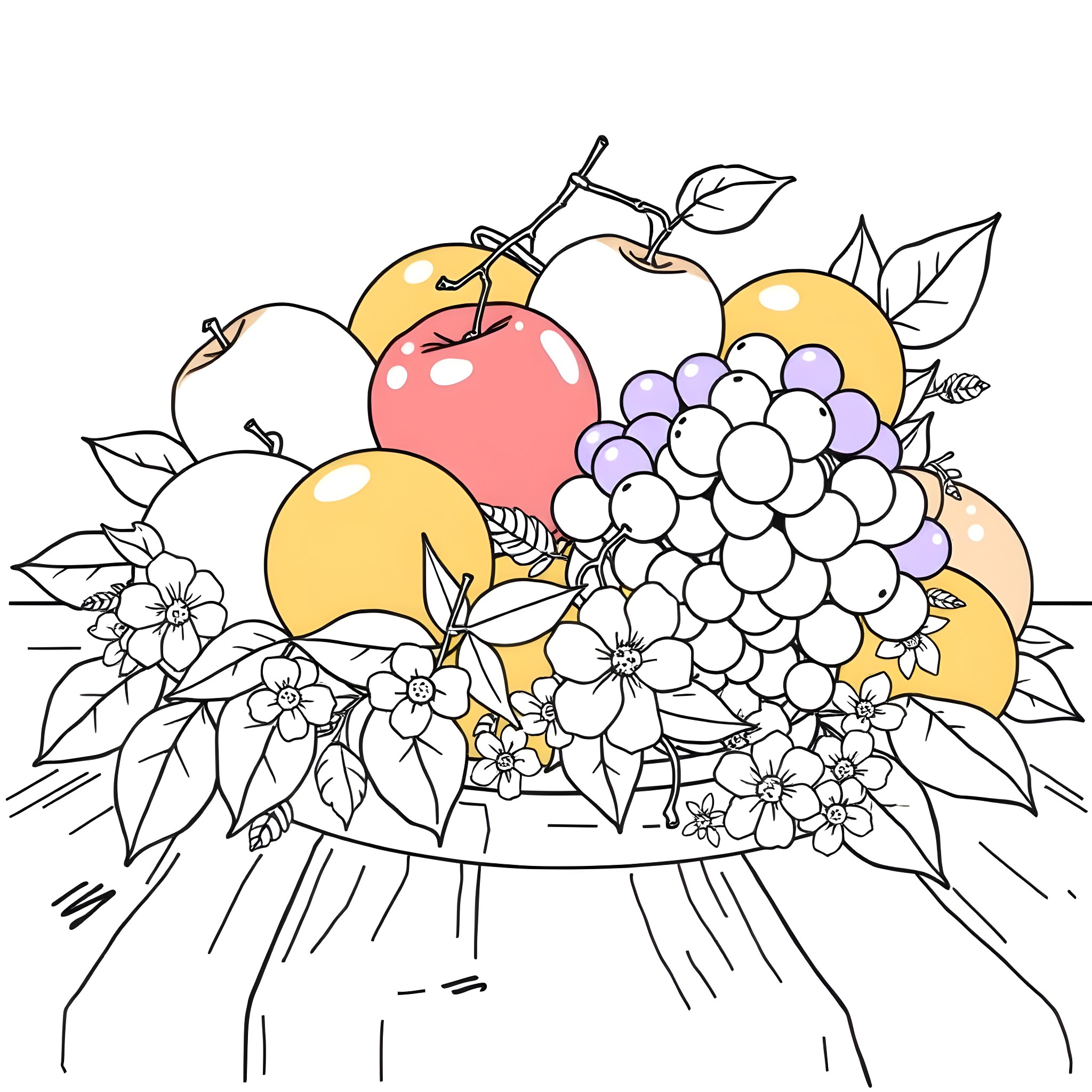 Fruit Basket Filled with Colorful Produce Coloring Page (free black-and-white line drawing printable PDF for all, from beginners to advanced learners, including children, teens, adults, and seniors)