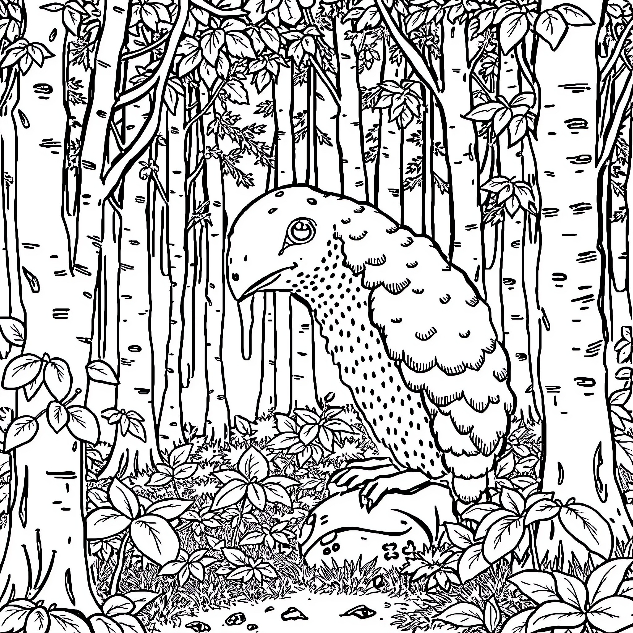 Skeleton Owl in Magical Forest Coloring Page (free black-and-white line drawing printable PDF for all, from beginners to advanced learners, including children, teens, adults, and seniors)