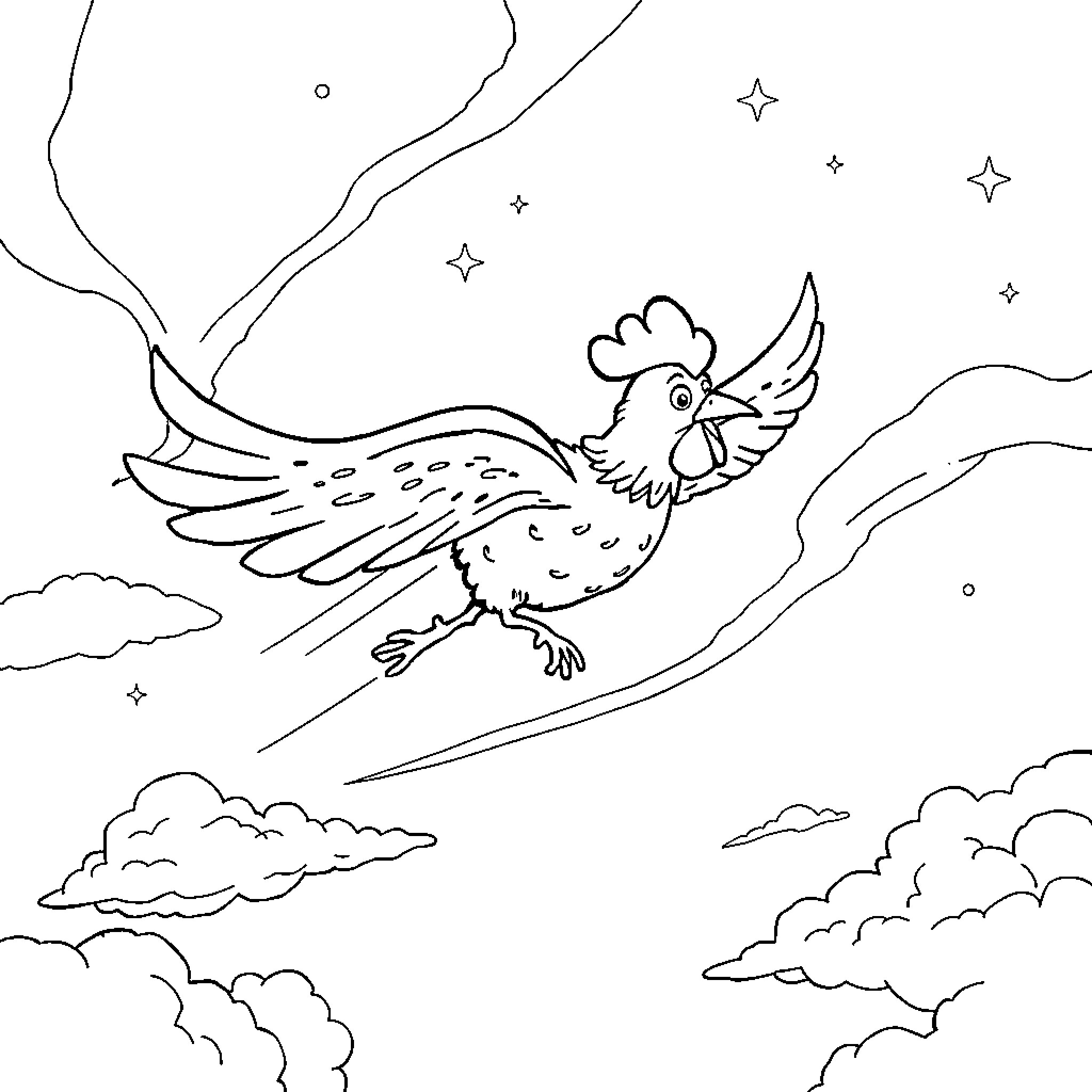 Chicken soaring through the starry night sky Coloring Page (free black-and-white line drawing printable PDF for all, from beginners to advanced learners, including children, teens, adults, and seniors)