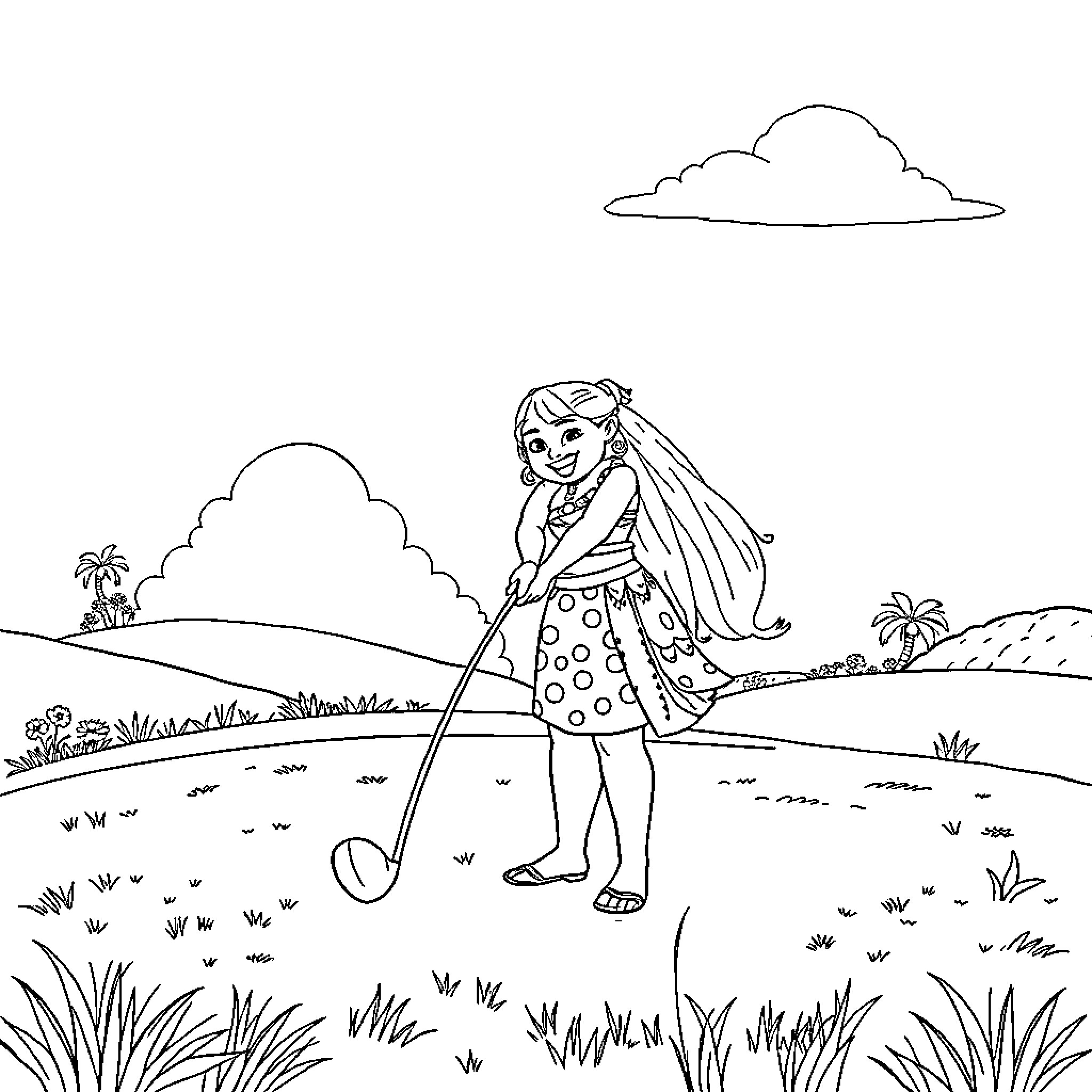 Moana exploring the island with her fishing gear Coloring Page (free black-and-white line drawing printable PDF for all, from beginners to advanced learners, including children, teens, adults, and seniors)