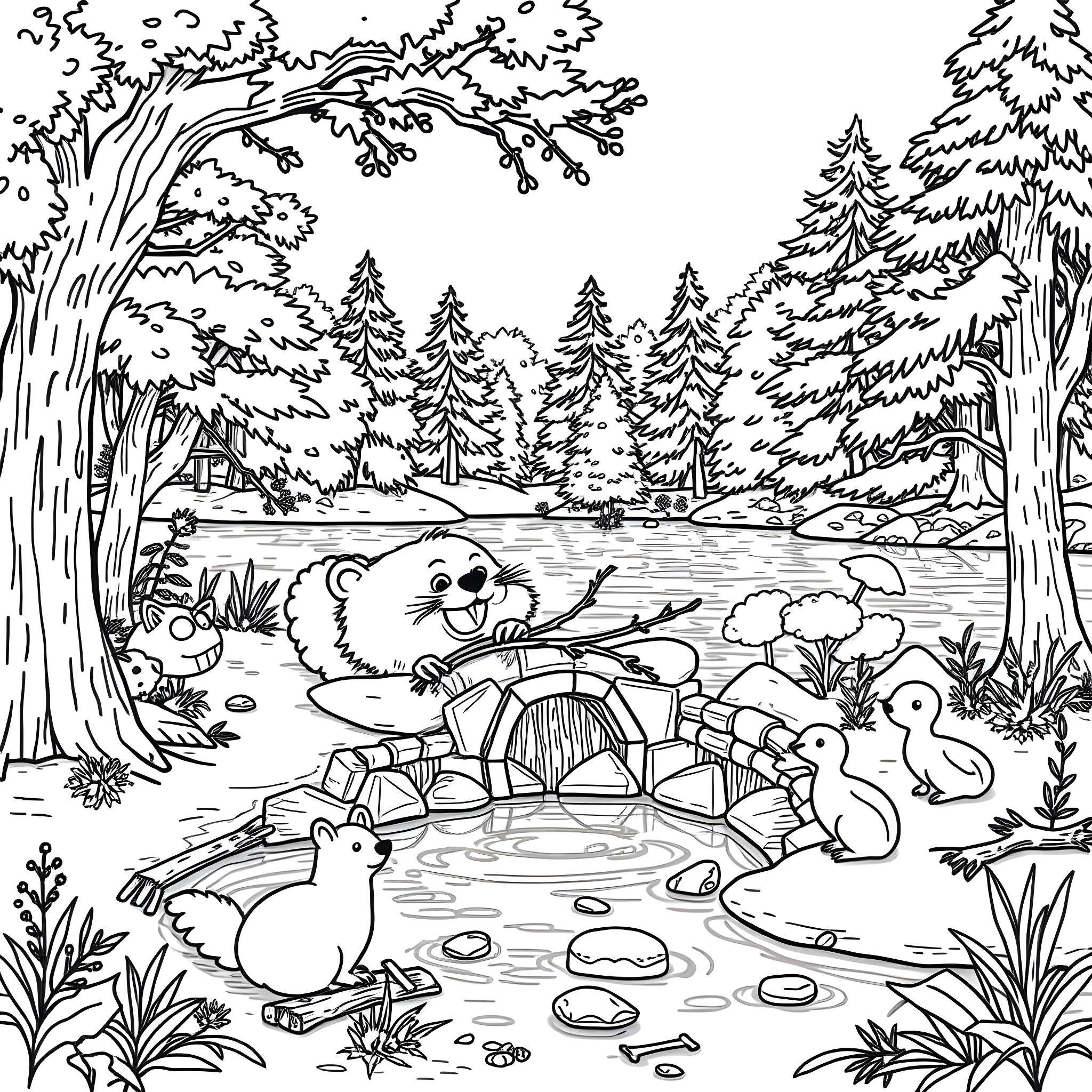 Beaver and friends enjoying a cozy forest pond Coloring Page (free black-and-white line drawing printable PDF for all, from beginners to advanced learners, including children, teens, adults, and seniors)