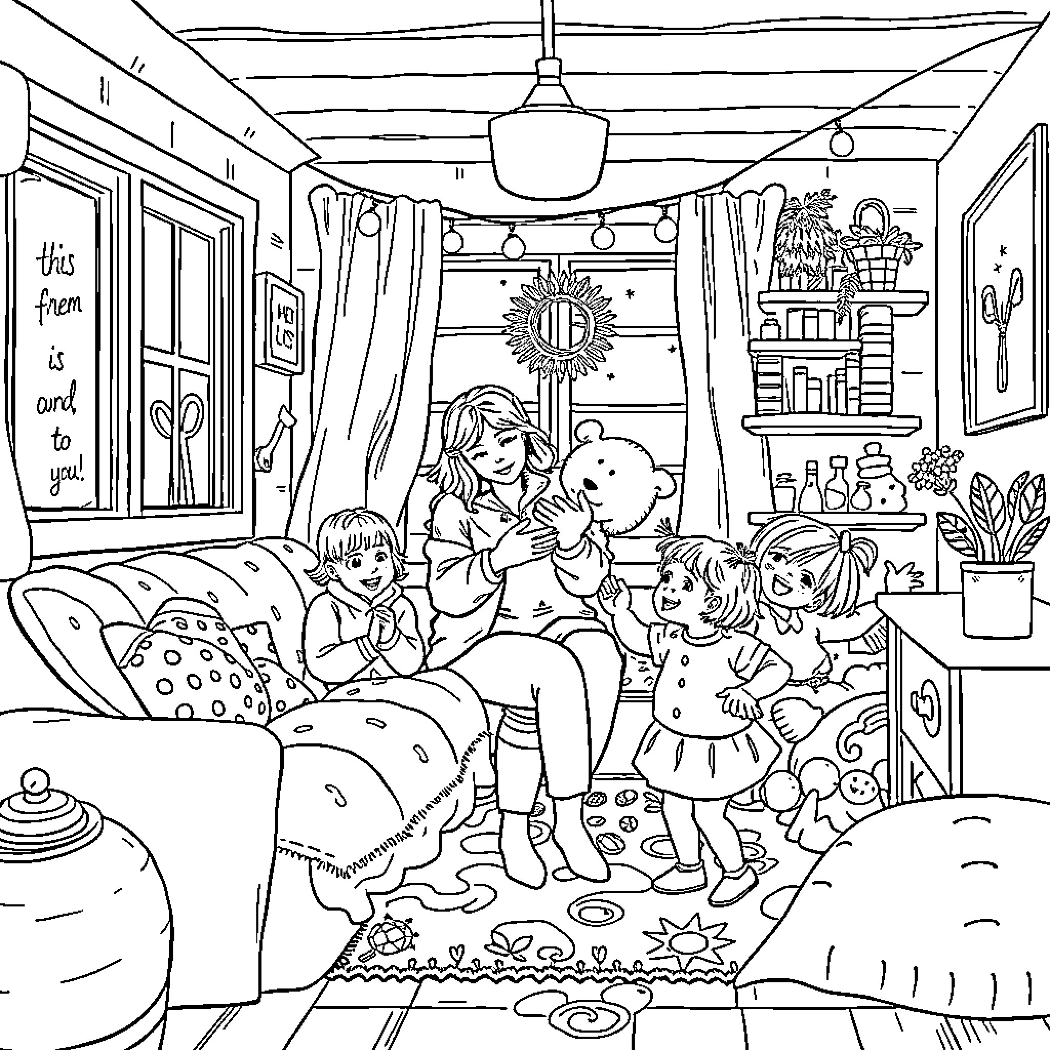 Mom reads a story to her children in a cozy home Coloring Page (free black-and-white line drawing printable PDF for all, from beginners to advanced learners, including children, teens, adults, and seniors)