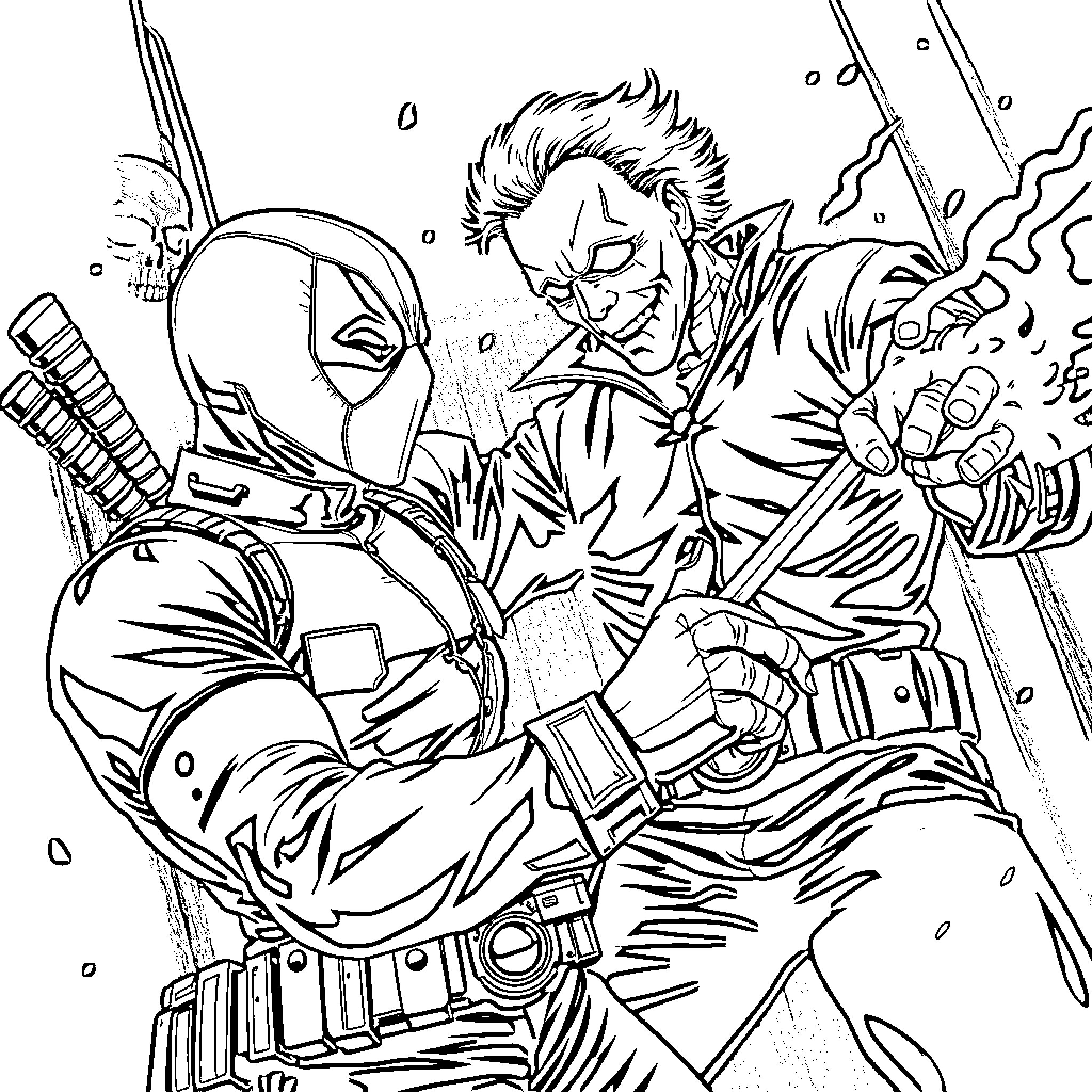 Deadpool in an intense battle with the Joker Coloring Page (free black-and-white line drawing printable PDF for all, from beginners to advanced learners, including children, teens, adults, and seniors)