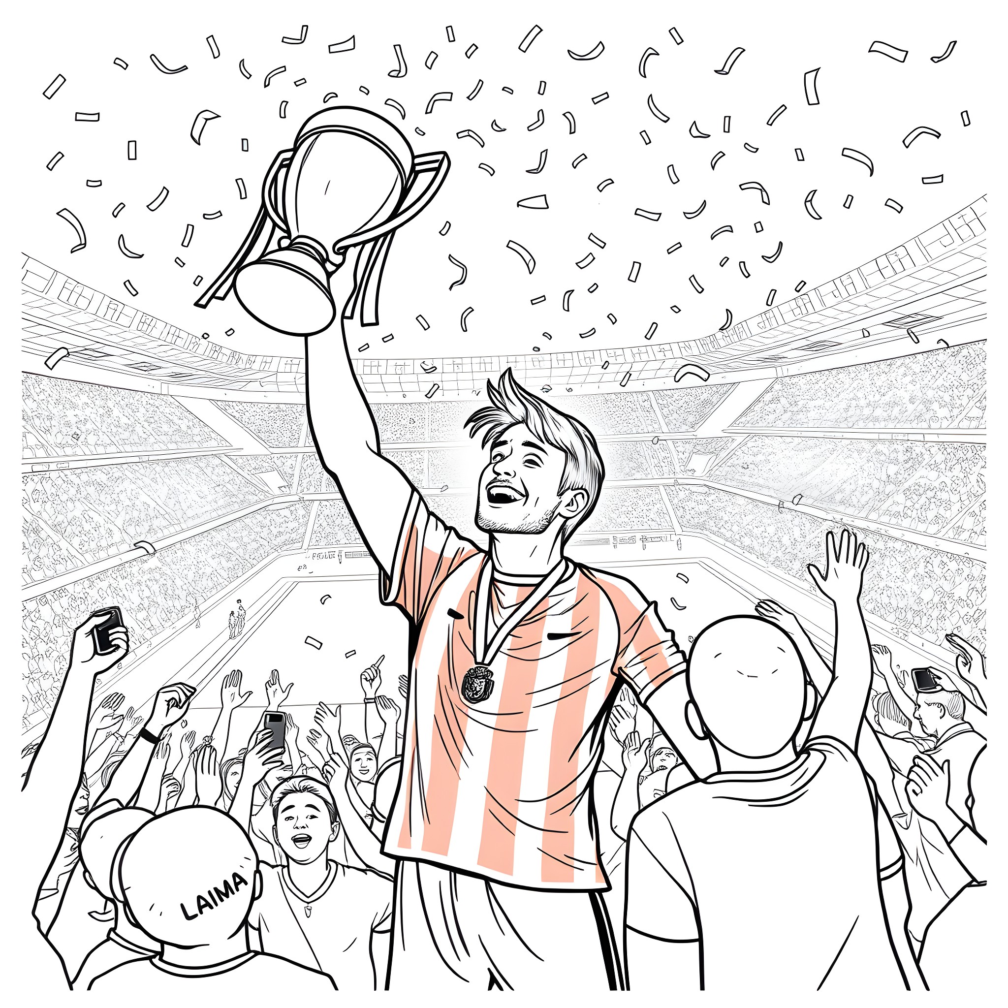 Lamine Yamal's triumphant celebration after winning the championship Coloring Page (free black-and-white line drawing printable PDF for all, from beginners to advanced learners, including children, teens, adults, and seniors)