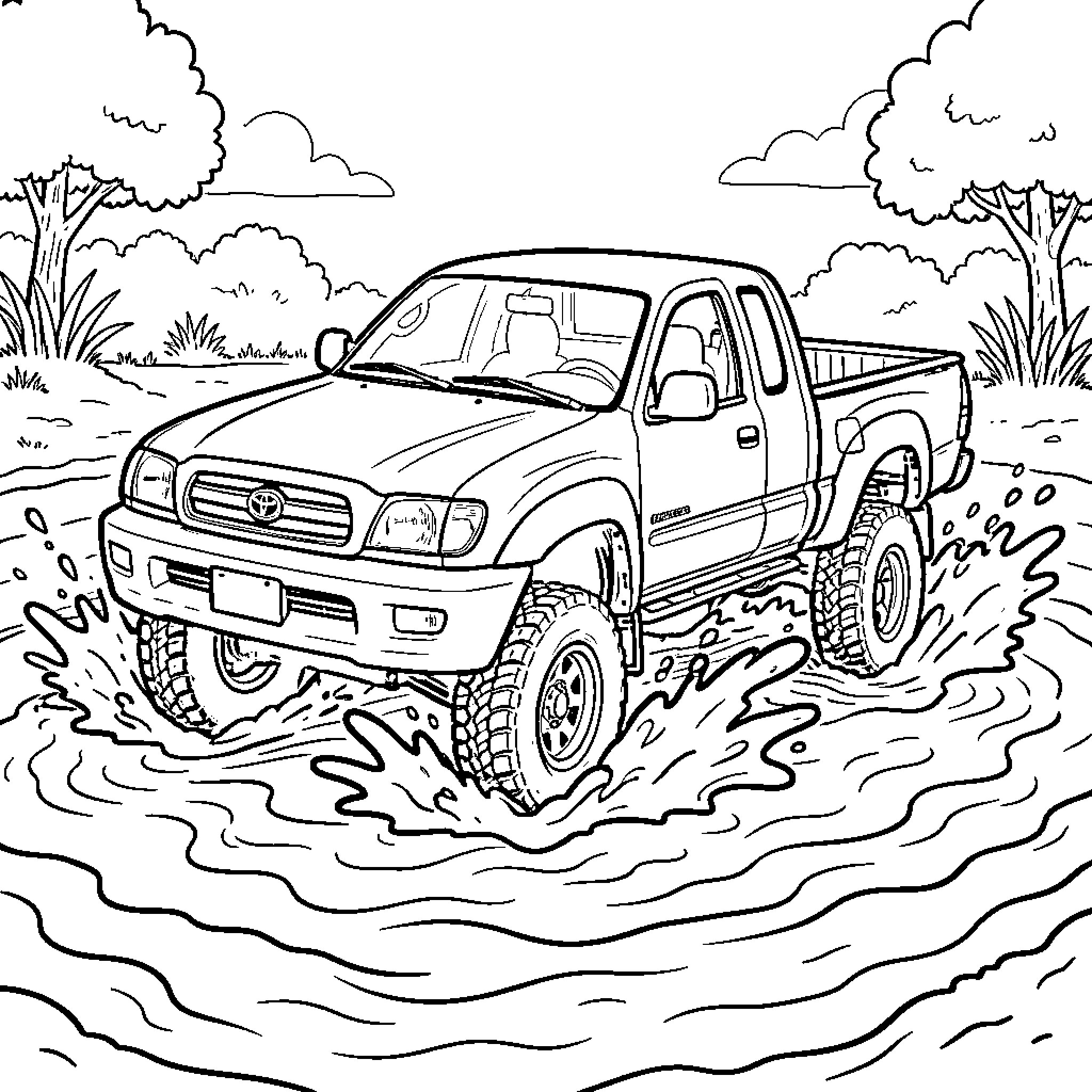 Toyota Tacoma driving through splashing water in nature Coloring Page (free black-and-white line drawing printable PDF for all, from beginners to advanced learners, including children, teens, adults, and seniors)