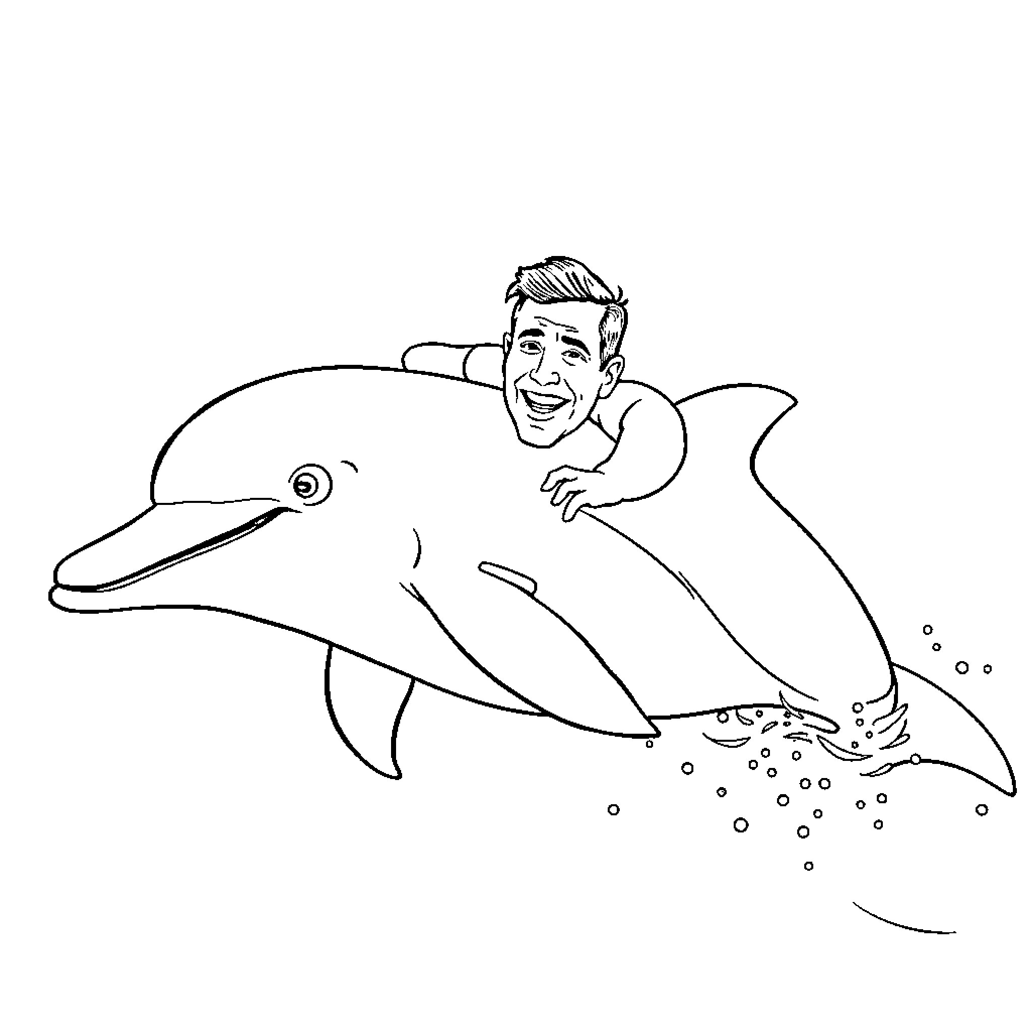 Adam Sandler swimming with a friendly dolphin Coloring Page (free black-and-white line drawing printable PDF for all, from beginners to advanced learners, including children, teens, adults, and seniors)