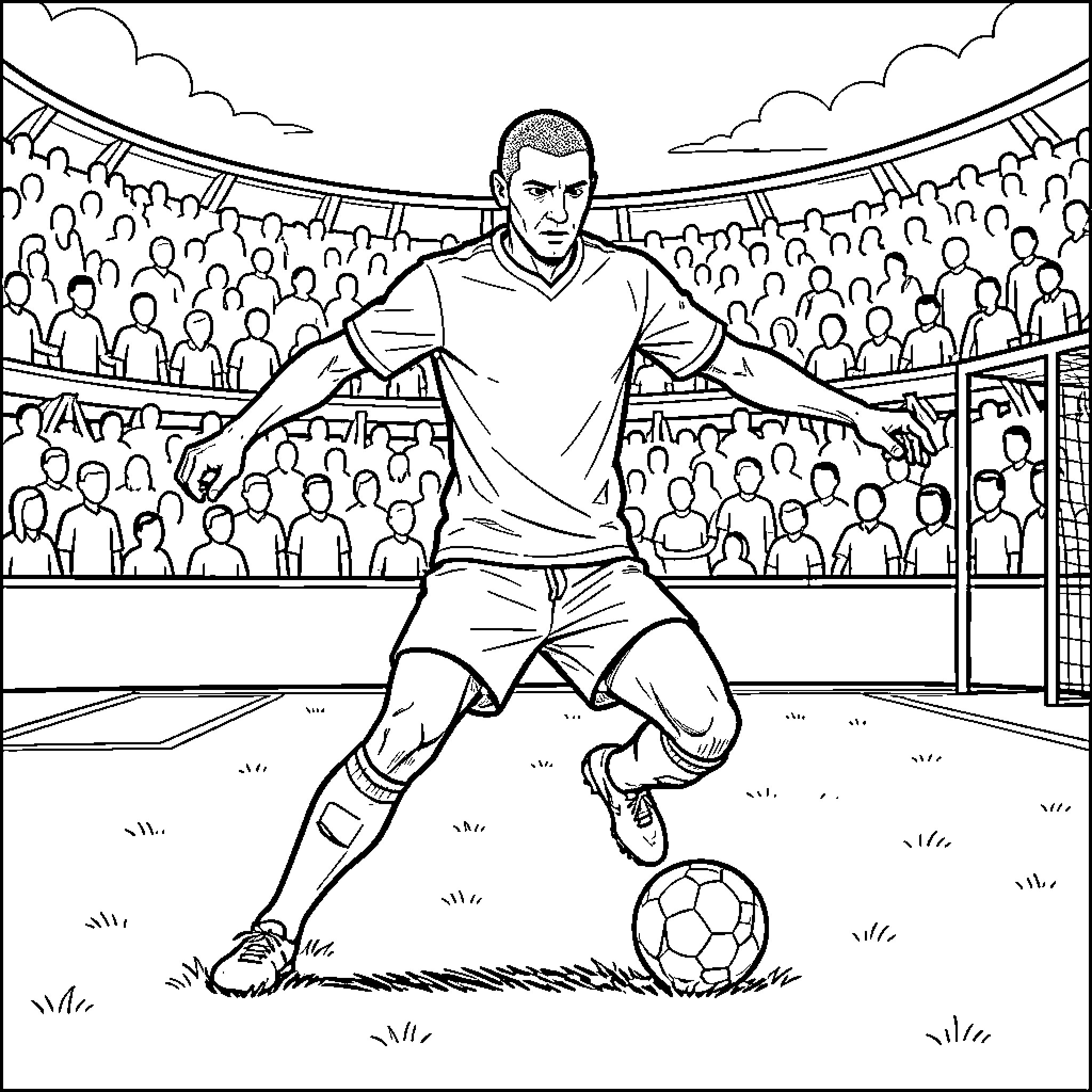Zinedine Zidane dribbling a soccer ball in a stadium Coloring Page (free black-and-white line drawing printable PDF for all, from beginners to advanced learners, including children, teens, adults, and seniors)