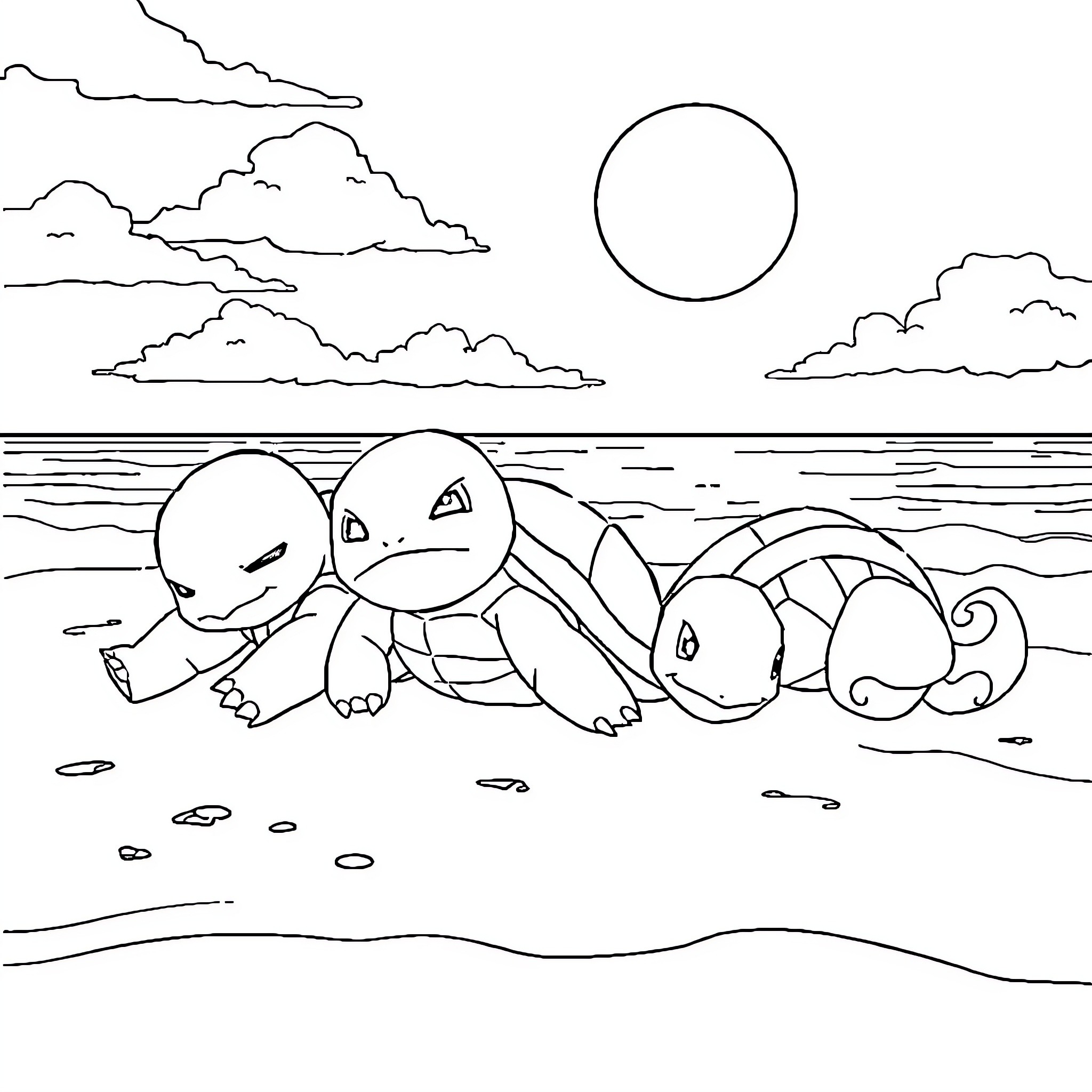 Squirtle and friends enjoying a day at the beach Coloring Page (free black-and-white line drawing printable PDF for all, from beginners to advanced learners, including children, teens, adults, and seniors)