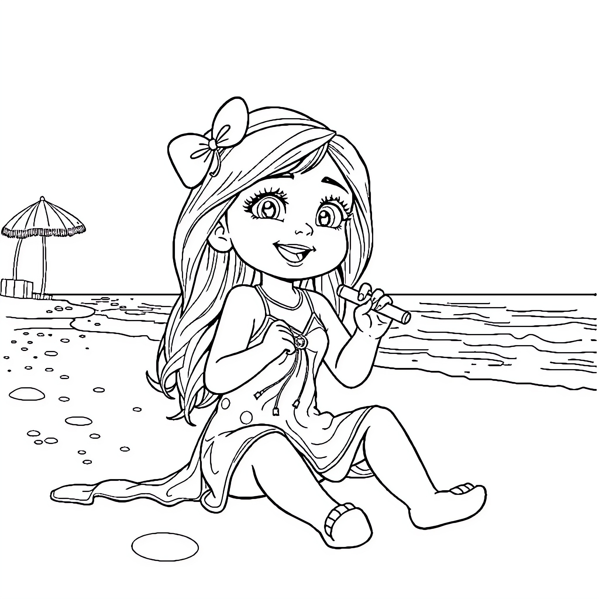 Masha enjoying a day at the beach Coloring Page (free black-and-white line drawing printable PDF for all, from beginners to advanced learners, including children, teens, adults, and seniors)