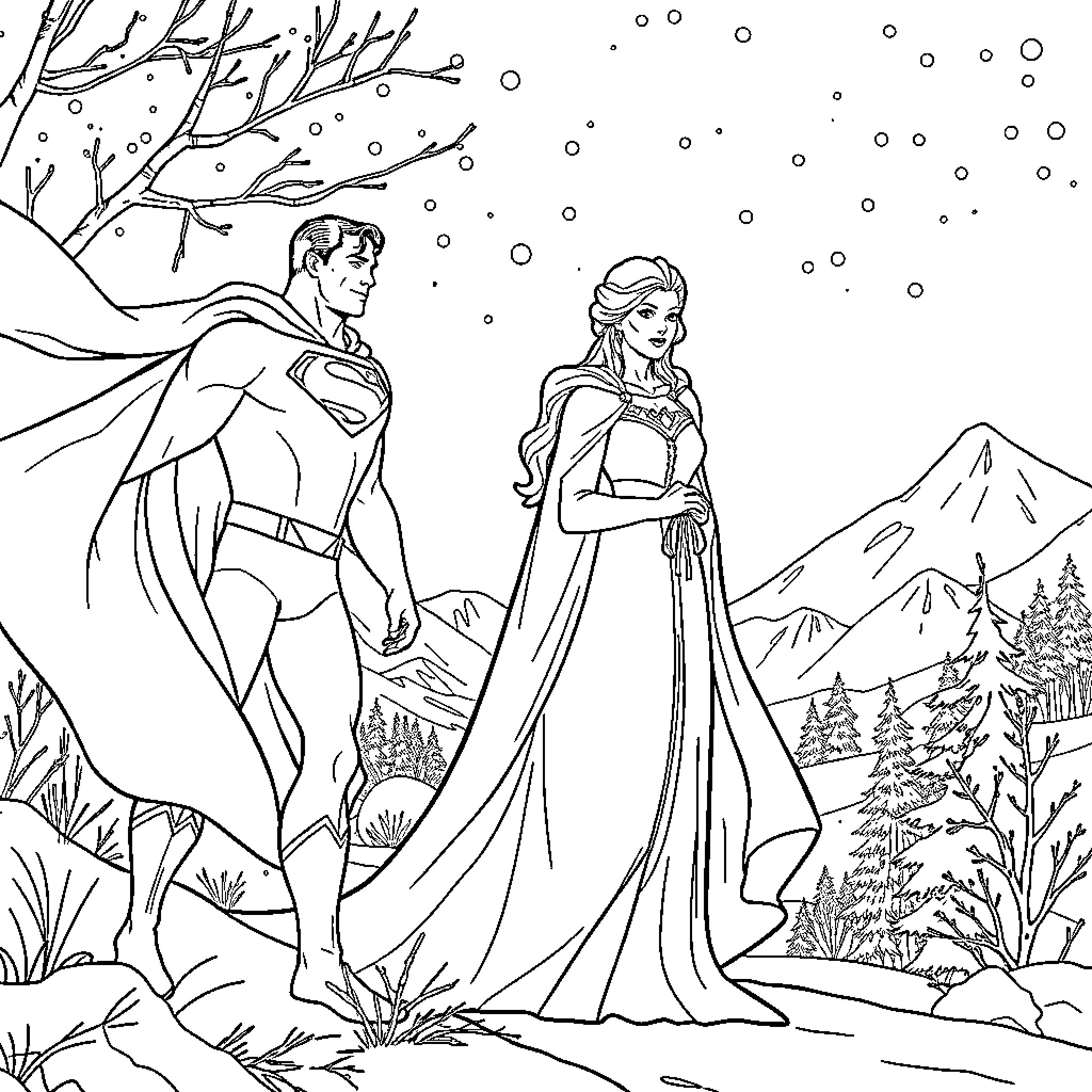 Queen and King in a Winter Wonderland Coloring Page (free black-and-white line drawing printable PDF for all, from beginners to advanced learners, including children, teens, adults, and seniors)