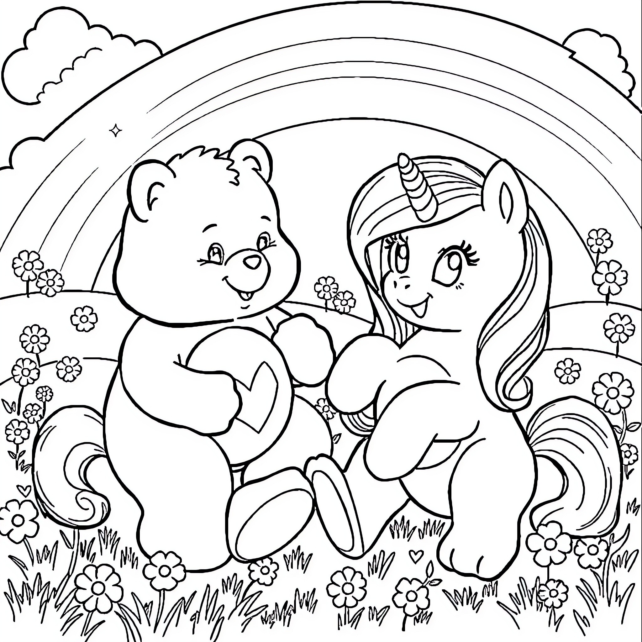 Care Bear and Unicorn Enjoying Nature Together Coloring Page (free black-and-white line drawing printable PDF for all, from beginners to advanced learners, including children, teens, adults, and seniors)