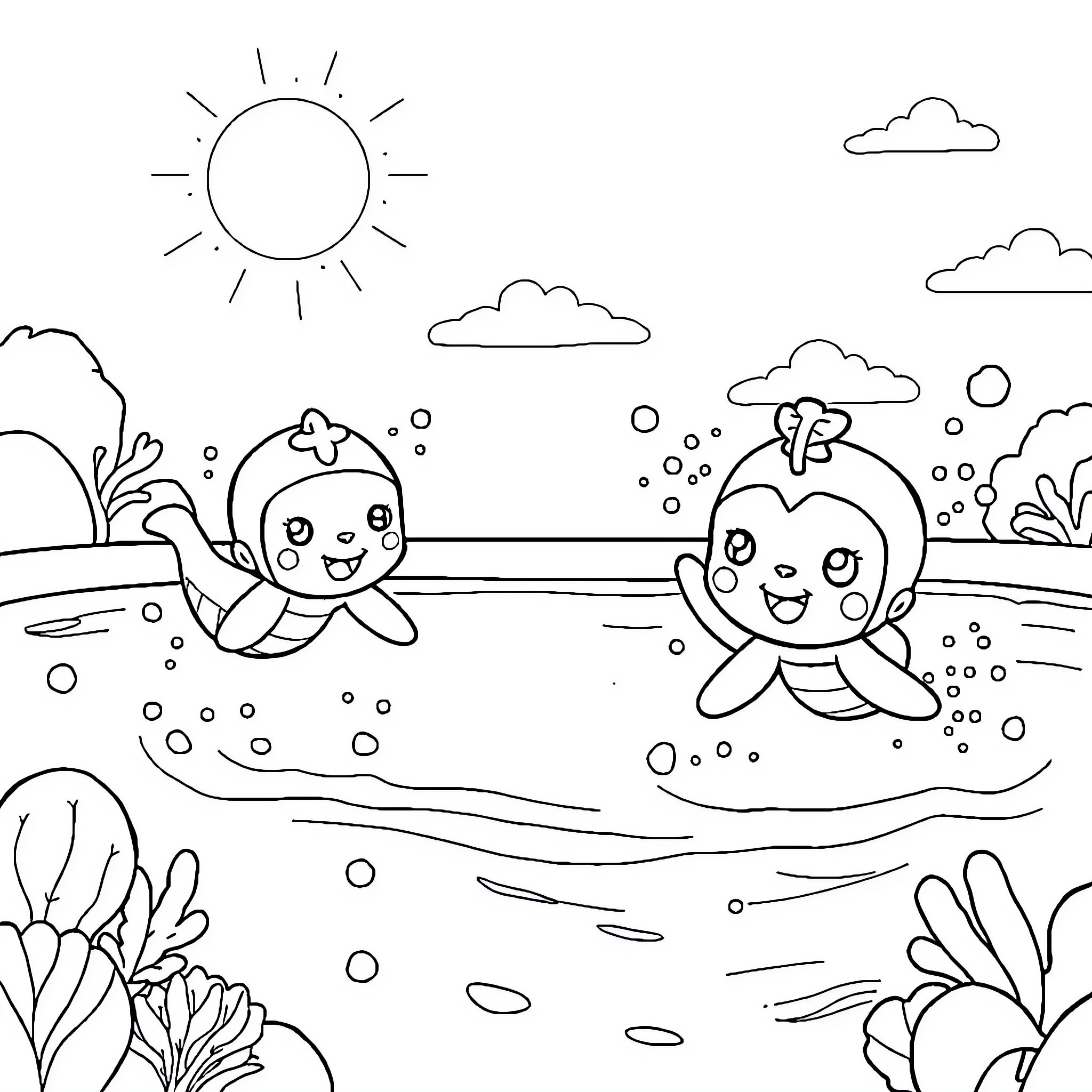 Octonauts playing in the ocean Coloring Page (free black-and-white line drawing printable PDF for all, from beginners to advanced learners, including children, teens, adults, and seniors)