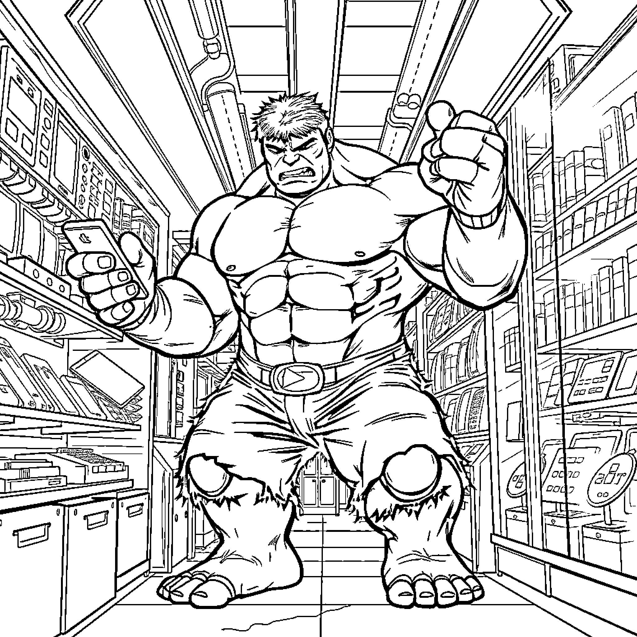Hulk's Mighty Rampage in the Supermarket Coloring Page (free black-and-white line drawing printable PDF for all, from beginners to advanced learners, including children, teens, adults, and seniors)