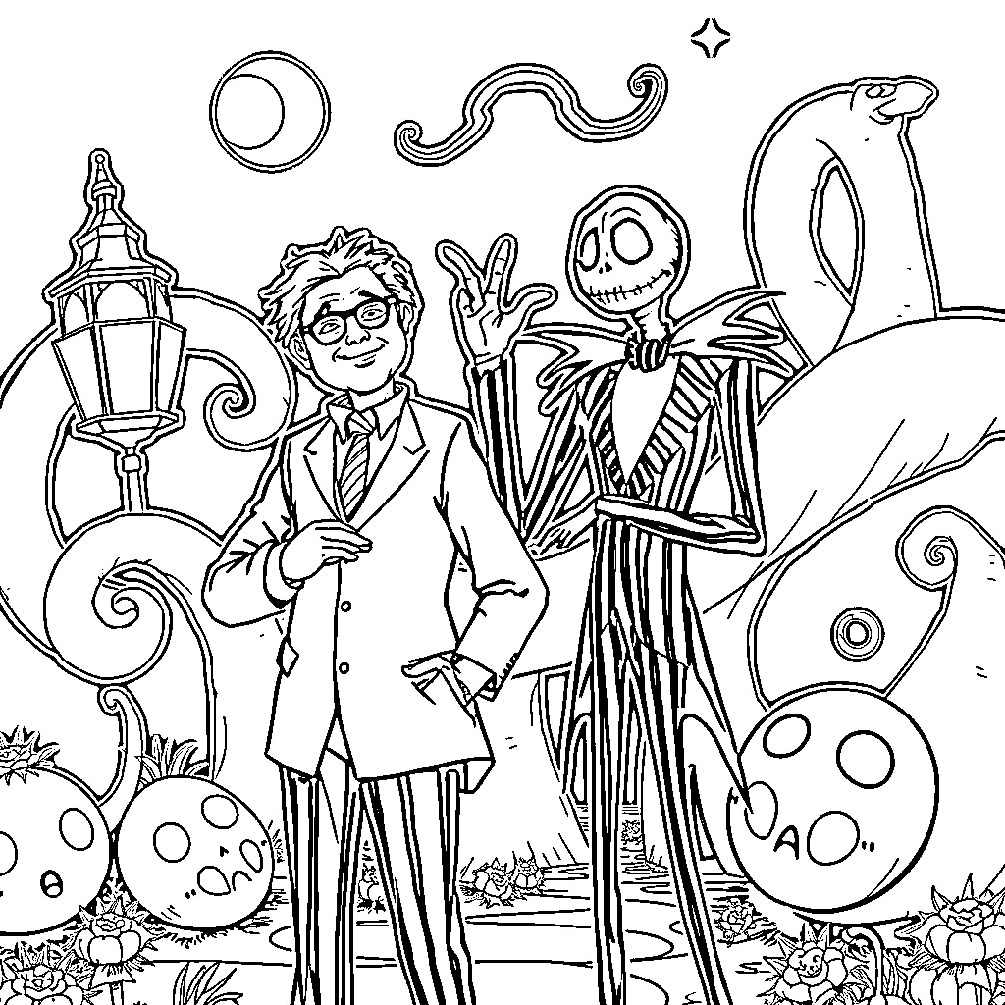 Tim Burton's whimsical characters in a surreal landscape Coloring Page (free black-and-white line drawing printable PDF for all, from beginners to advanced learners, including children, teens, adults, and seniors)