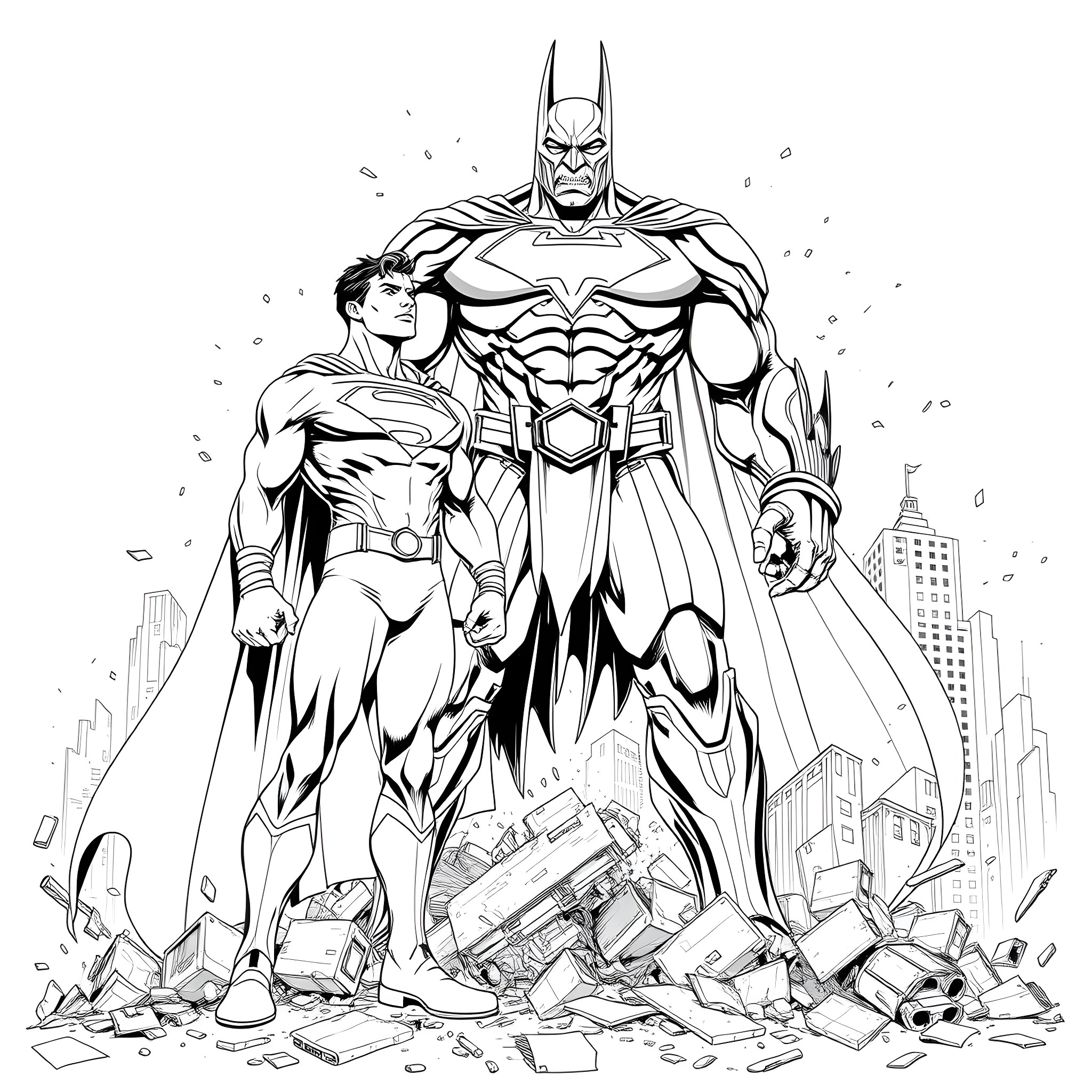 Superman and Batman heroically defending the city Coloring Page (free black-and-white line drawing printable PDF for all, from beginners to advanced learners, including children, teens, adults, and seniors)