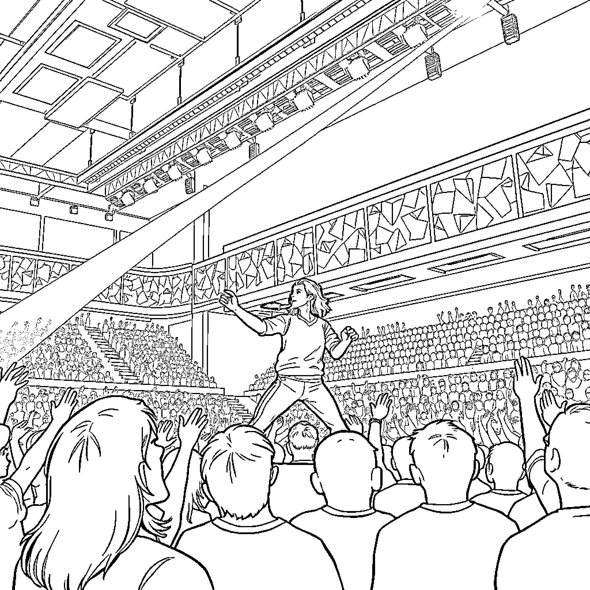 Huntrix: Dramatic performance on stage before excited crowd Coloring Page (free black-and-white line drawing printable PDF for all, from beginners to advanced learners, including children, teens, adults, and seniors)
