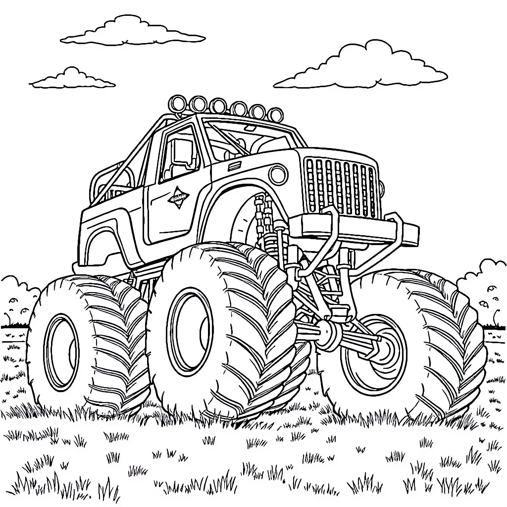 Monster Truck Traversing Rugged Terrain Coloring Page (free black-and-white line drawing printable PDF for all, from beginners to advanced learners, including children, teens, adults, and seniors)