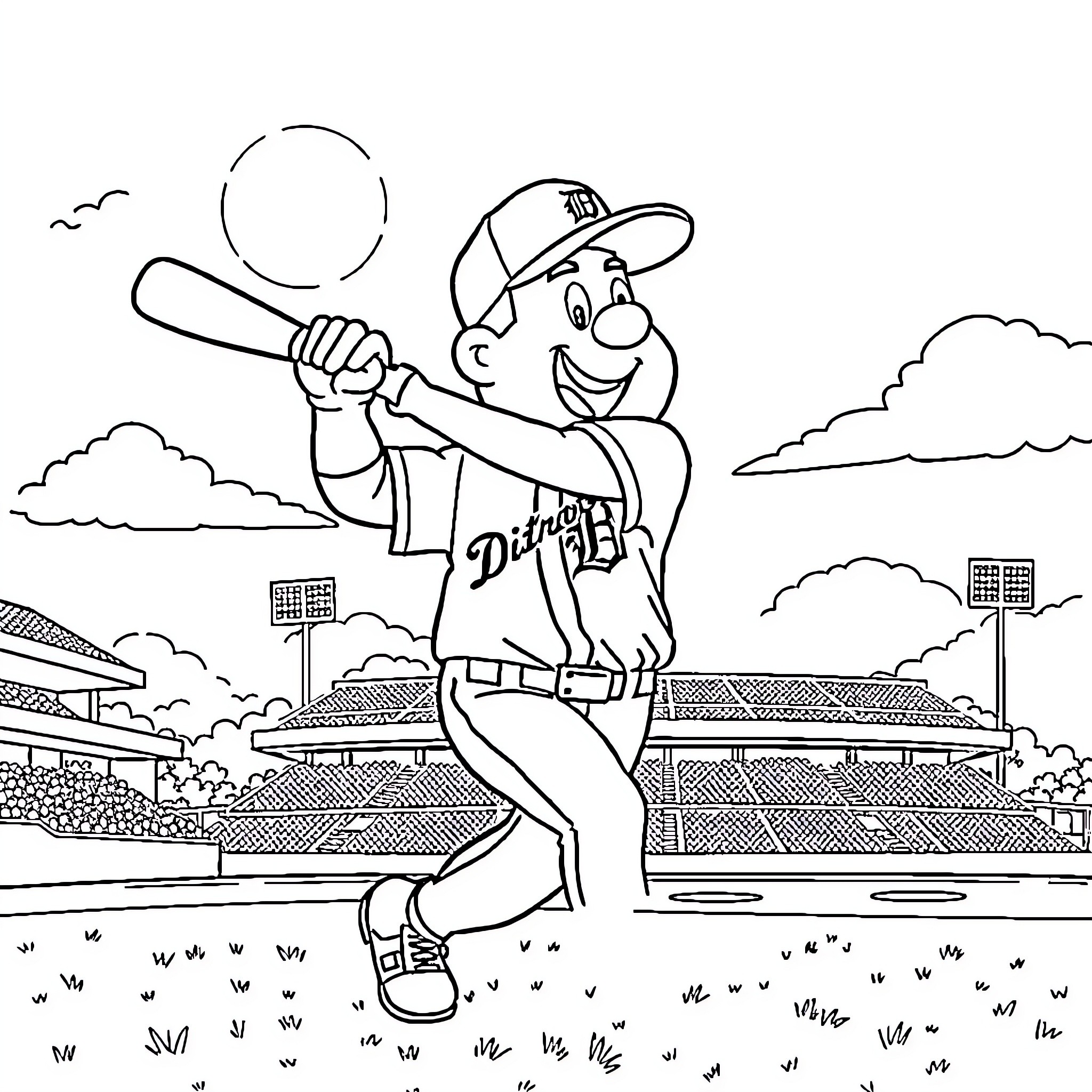 Jack Black playing baseball at the stadium Coloring Page (free black-and-white line drawing printable PDF for all, from beginners to advanced learners, including children, teens, adults, and seniors)