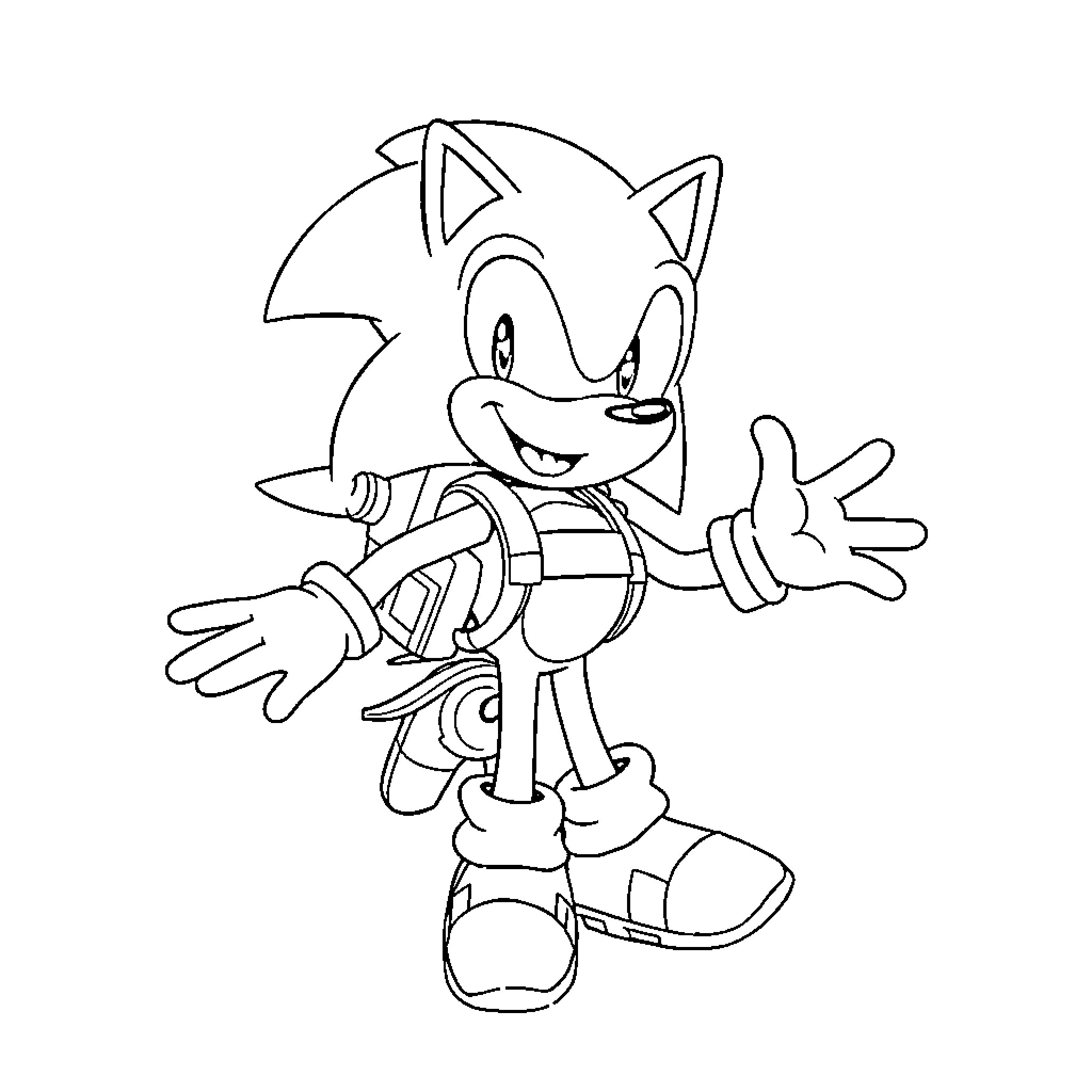 Sonic the Hedgehog posing with excitement Coloring Page (free black-and-white line drawing printable PDF for all, from beginners to advanced learners, including children, teens, adults, and seniors)