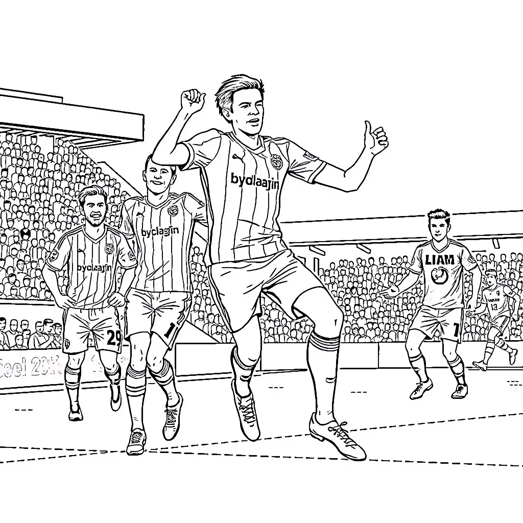 Victor Gyokeres celebrating with teammates on the soccer field Coloring Page (free black-and-white line drawing printable PDF for all, from beginners to advanced learners, including children, teens, adults, and seniors)