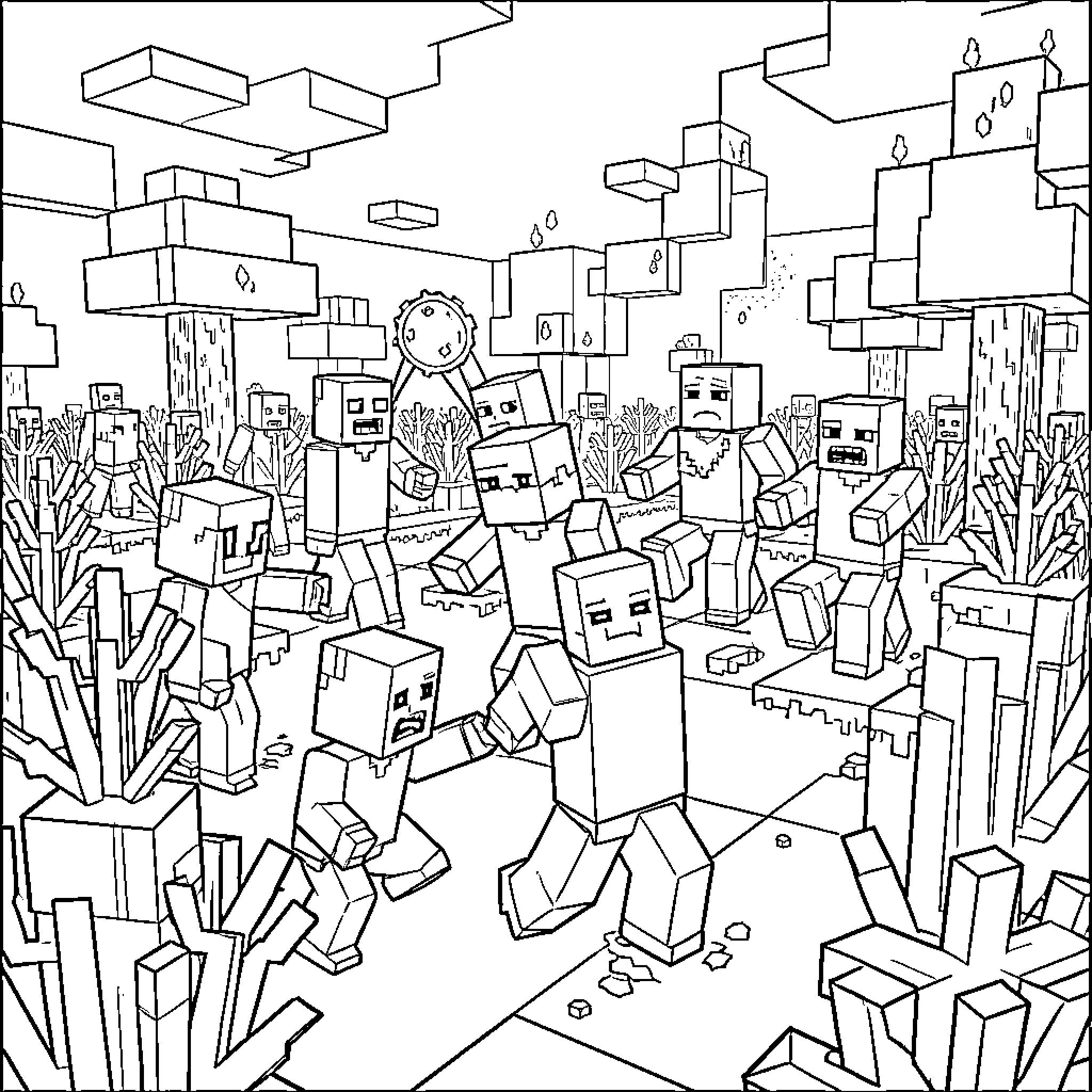 Plants in a futuristic cityscape Coloring Page (free black-and-white line drawing printable PDF for all, from beginners to advanced learners, including children, teens, adults, and seniors)