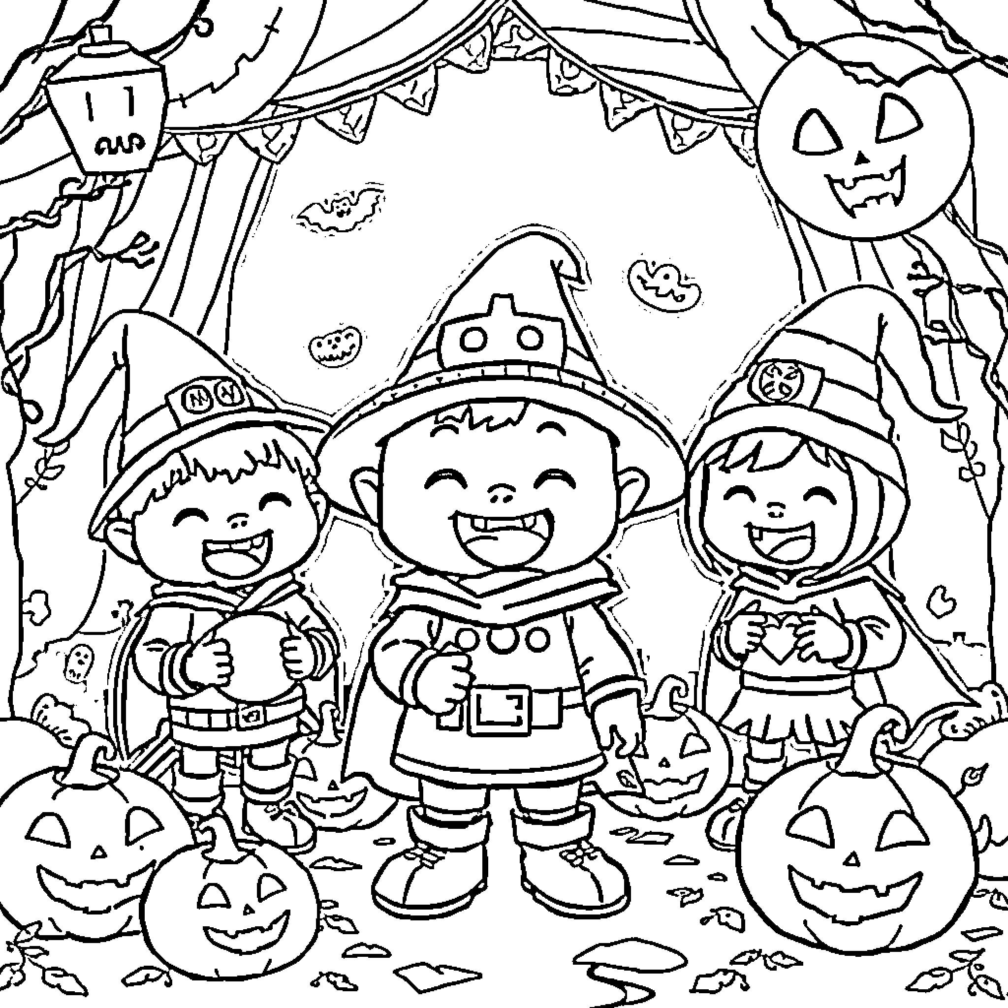 Sangoku Children in Halloween Costumes Coloring Page (free black-and-white line drawing printable PDF for all, from beginners to advanced learners, including children, teens, adults, and seniors)