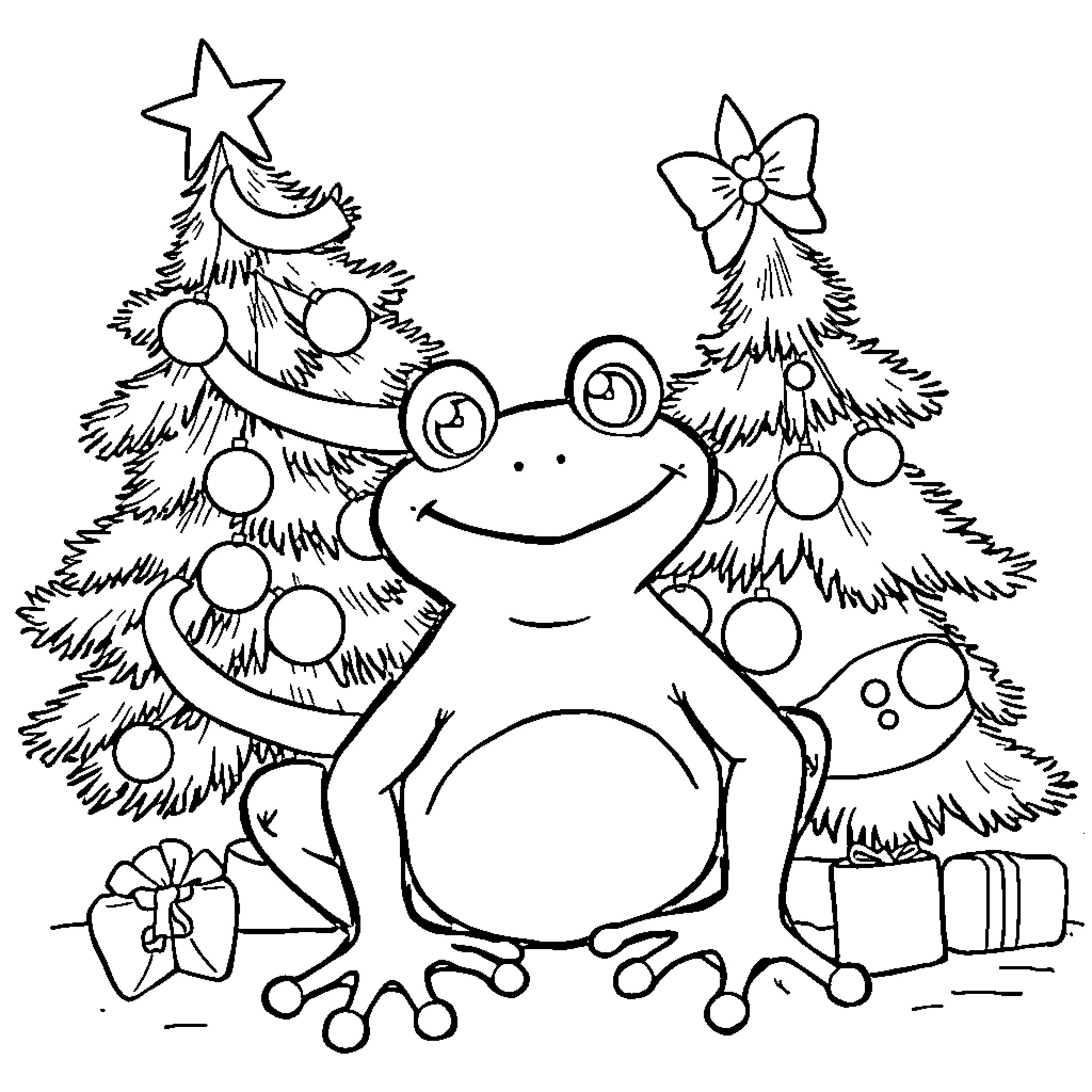 Frog surrounded by festive decorations Coloring Page (free black-and-white line drawing printable PDF for all, from beginners to advanced learners, including children, teens, adults, and seniors)