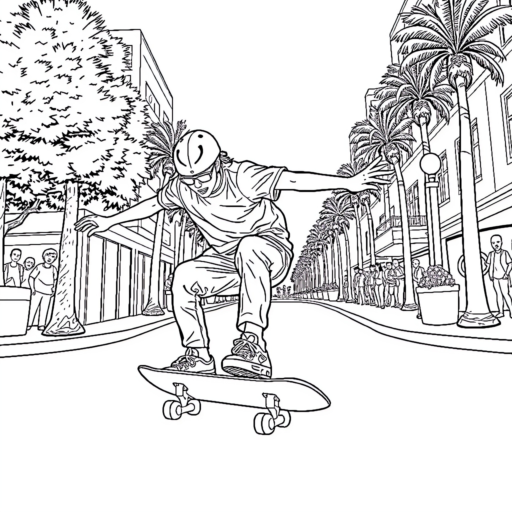 Optimum Prime - Skateboarder rides through city streets Coloring Page (free black-and-white line drawing printable PDF for all, from beginners to advanced learners, including children, teens, adults, and seniors)