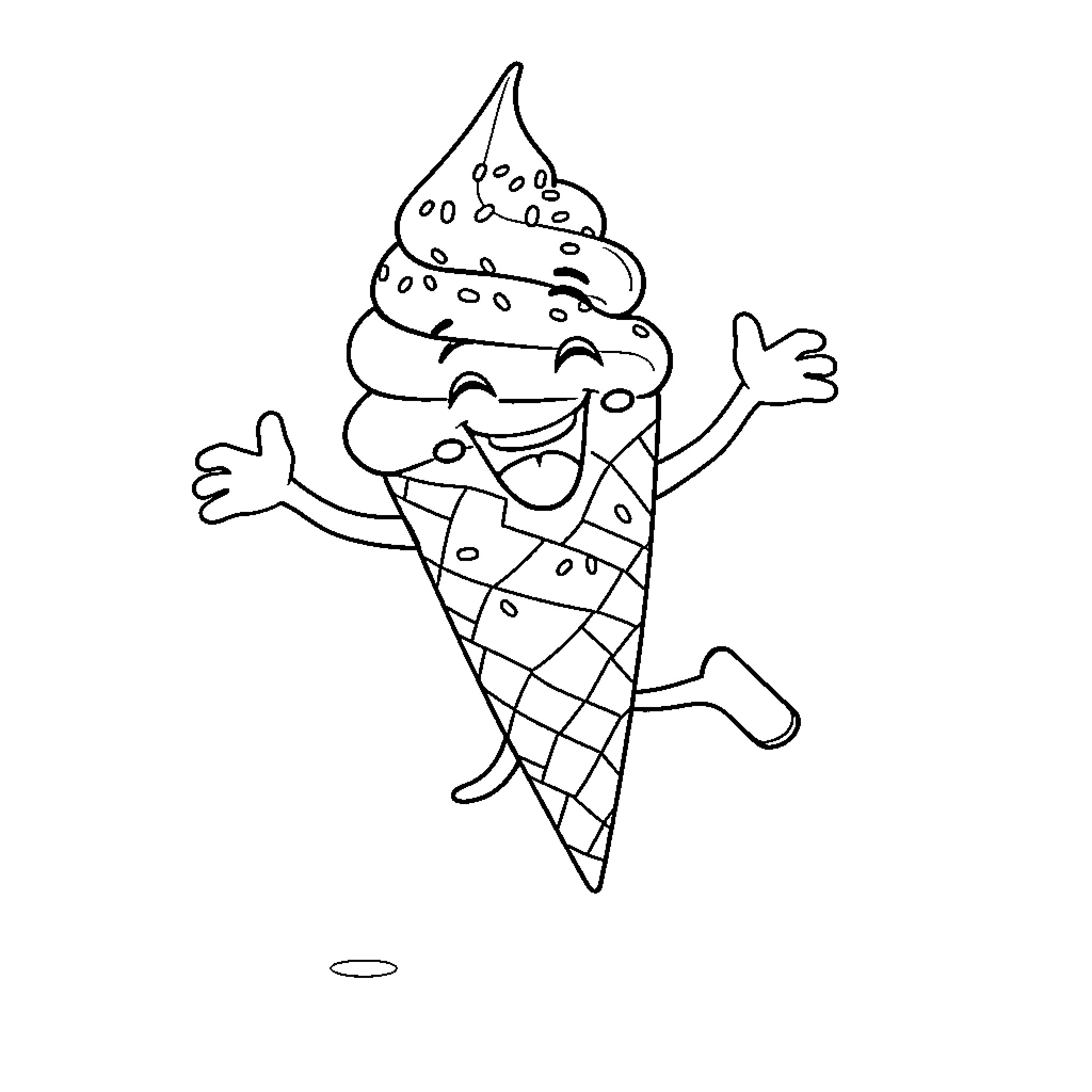Ice Cream Cone Happily Dancing Coloring Page (free black-and-white line drawing printable PDF for all, from beginners to advanced learners, including children, teens, adults, and seniors)