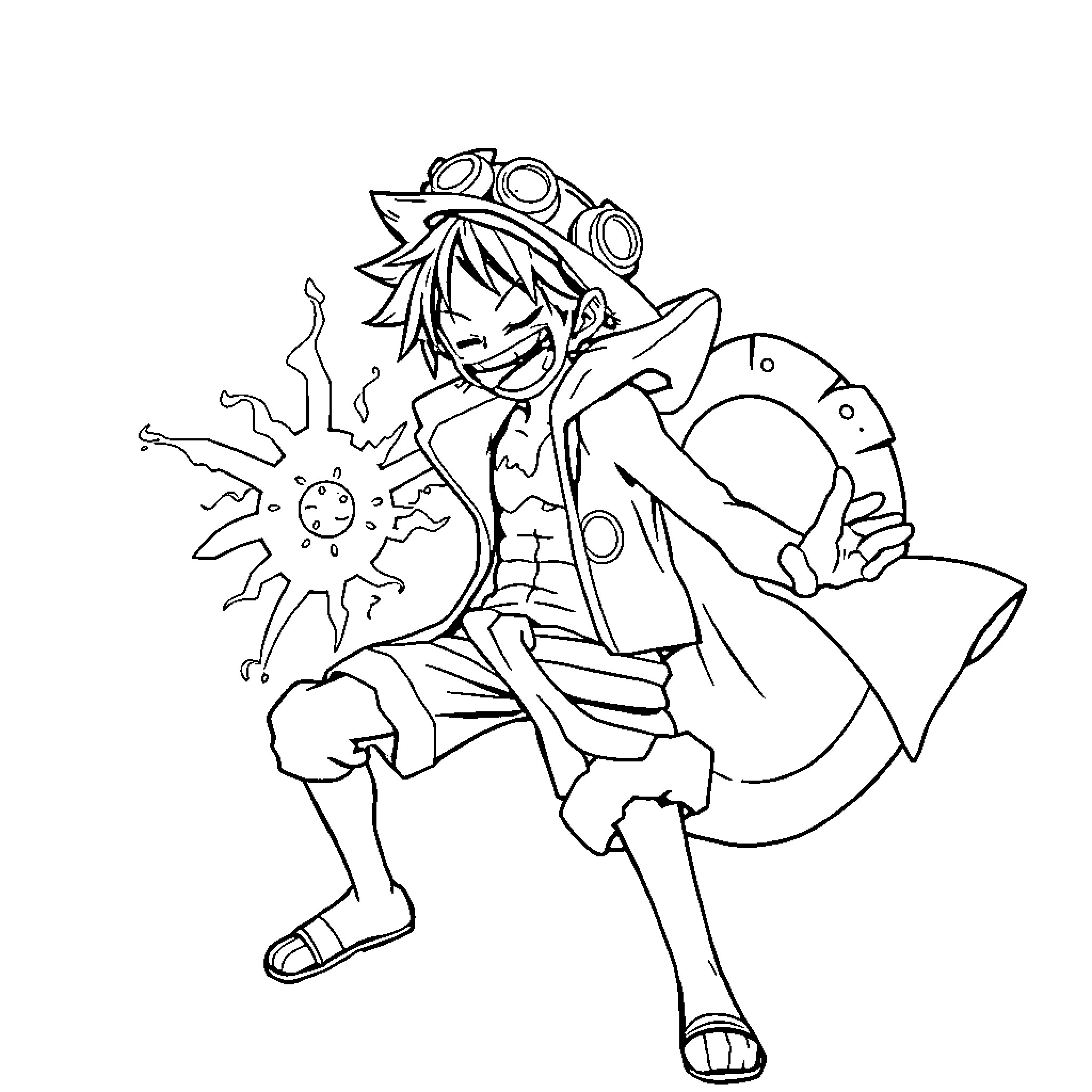 Luffy's Adventurous Exploration and Discoveries Coloring Page (free black-and-white line drawing printable PDF for all, from beginners to advanced learners, including children, teens, adults, and seniors)