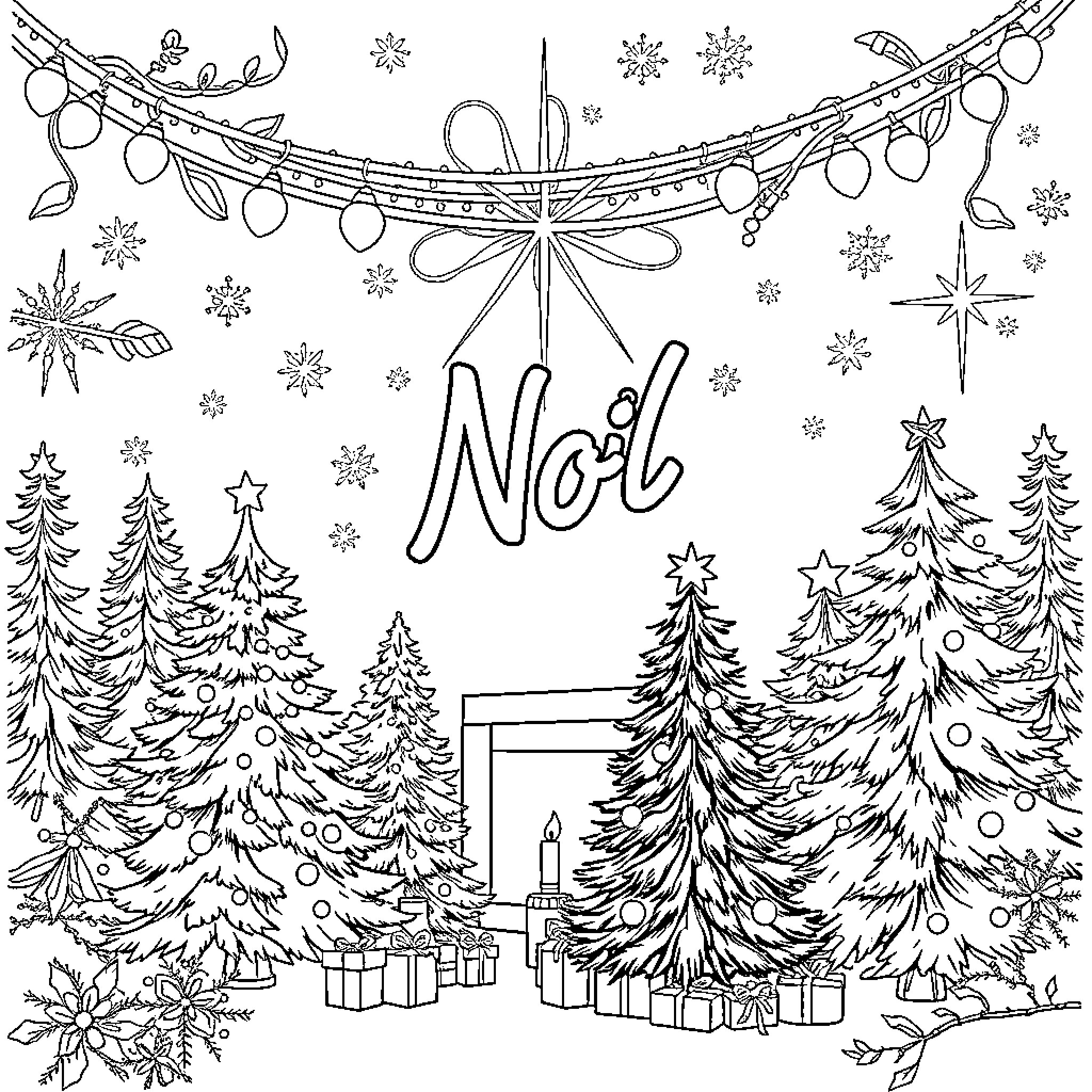 Christmas scene with festive decorations and trees Coloring Page (free black-and-white line drawing printable PDF for all, from beginners to advanced learners, including children, teens, adults, and seniors)