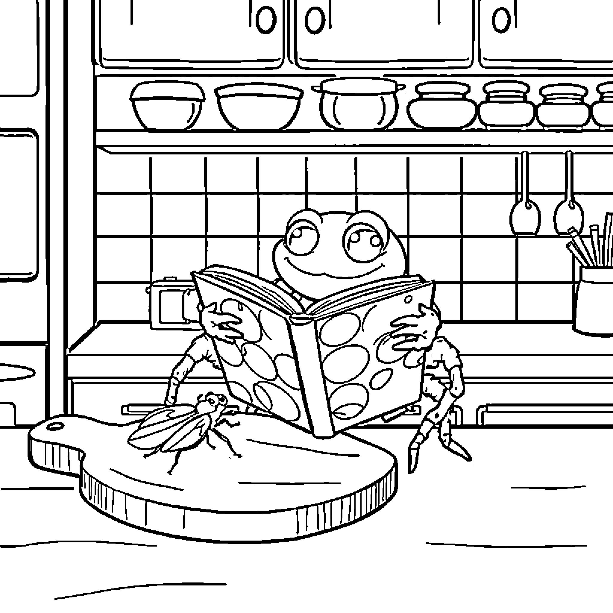 Spider Frogs Reading and Cooking in the Kitchen Coloring Page (free black-and-white line drawing printable PDF for all, from beginners to advanced learners, including children, teens, adults, and seniors)