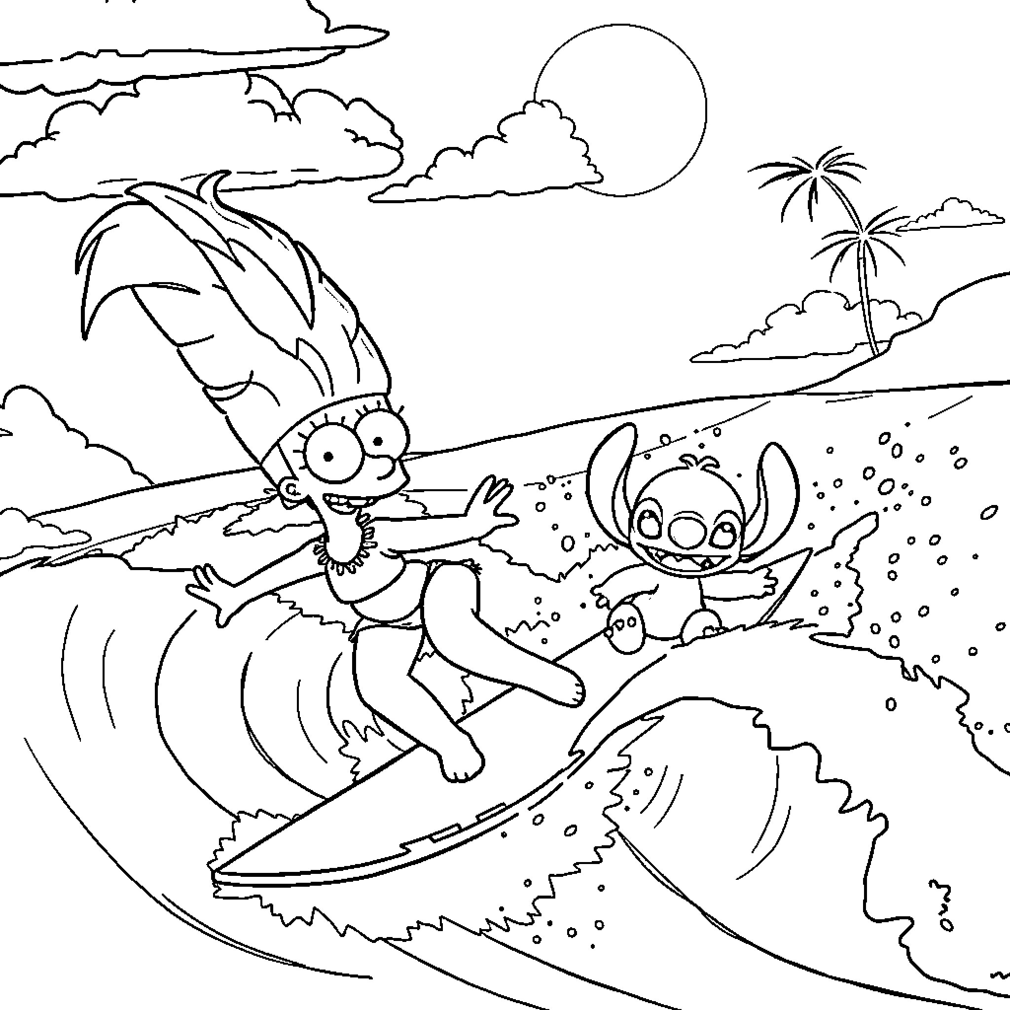 Marge Simpson surfing with Stitch in tropical paradise Coloring Page (free black-and-white line drawing printable PDF for all, from beginners to advanced learners, including children, teens, adults, and seniors)
