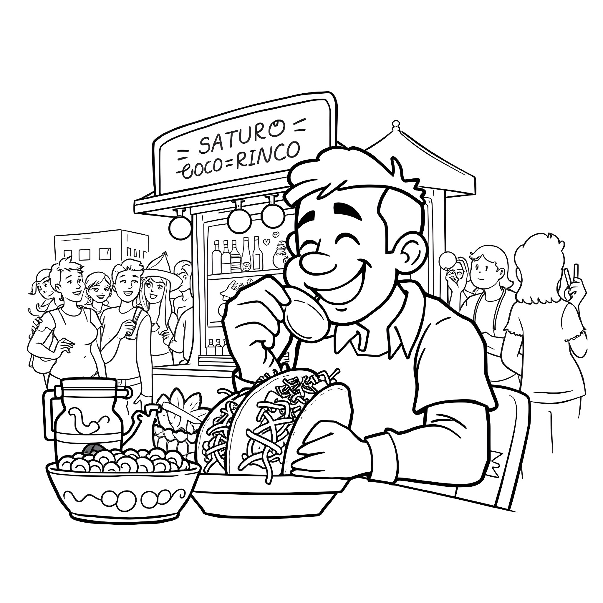 Gojo's Street Food Vendor Scene Coloring Page (free black-and-white line drawing printable PDF for all, from beginners to advanced learners, including children, teens, adults, and seniors)