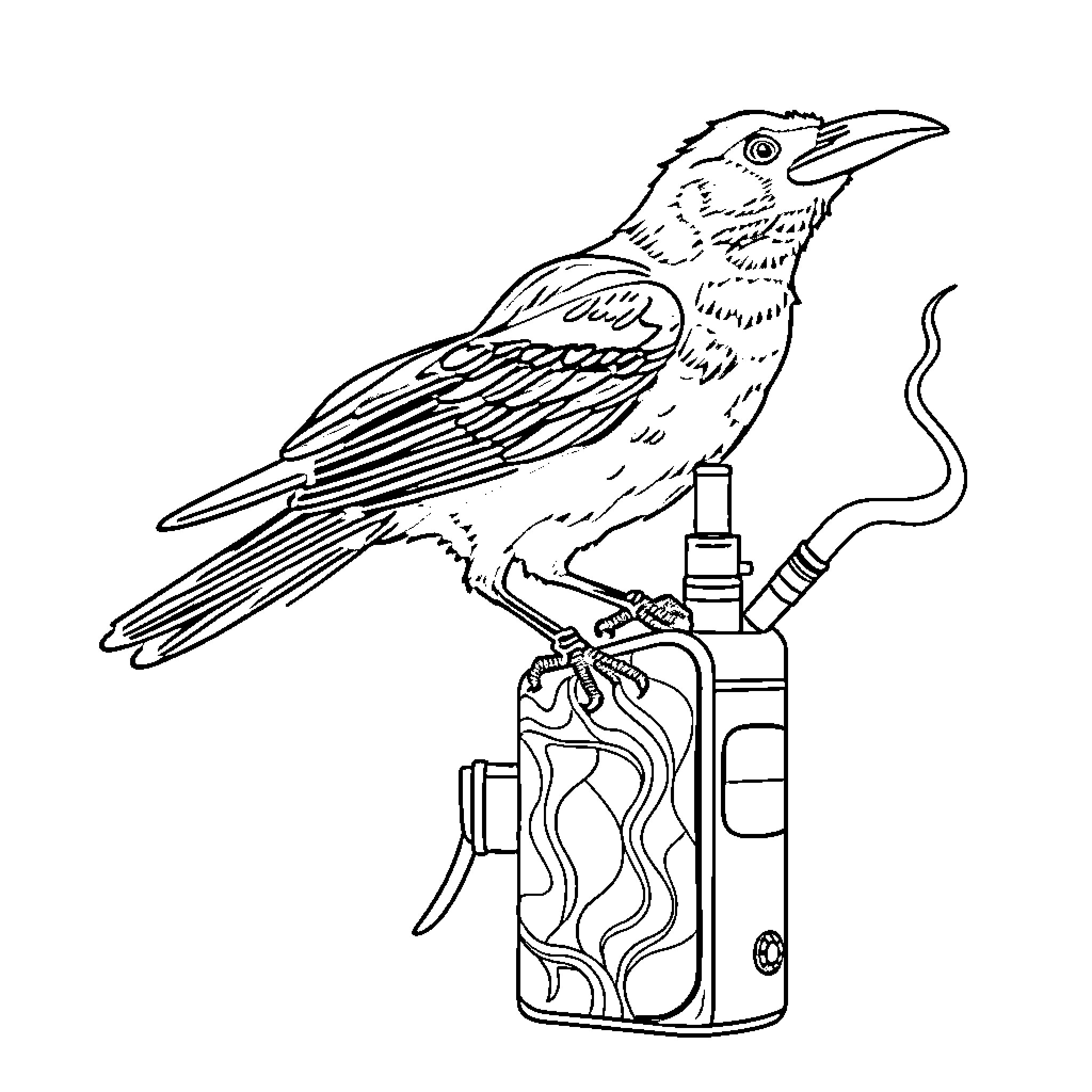Crow perched on vape device Coloring Page (free black-and-white line drawing printable PDF for all, from beginners to advanced learners, including children, teens, adults, and seniors)